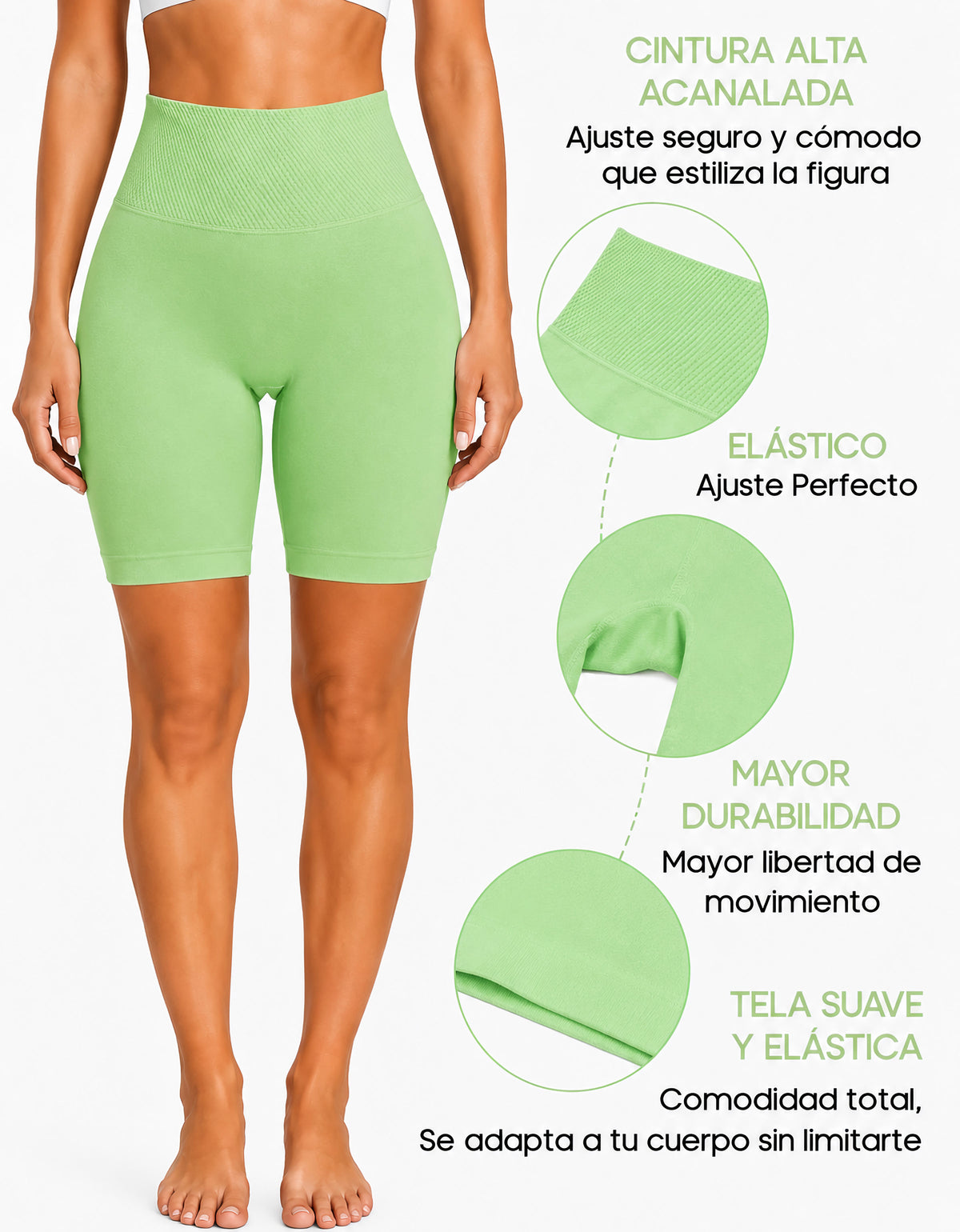 Short Largo Deportivo Mujer tipo Biker · Cintura Alta sin Costuras · Unitalla color Verde