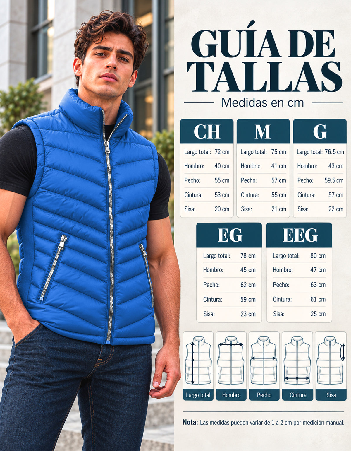 Chaleco Acolchado Hombre Ligero e Impermeable color Azul