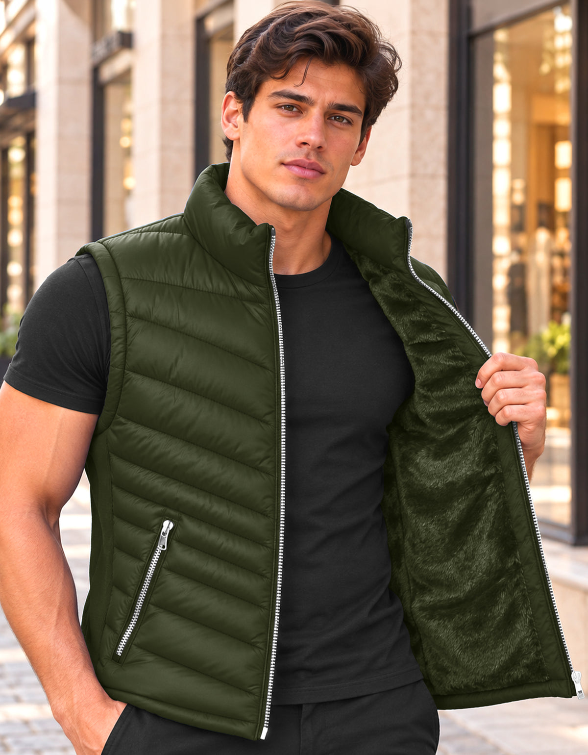 Chaleco Acolchado Hombre Ligero e Impermeable color Verde Militar