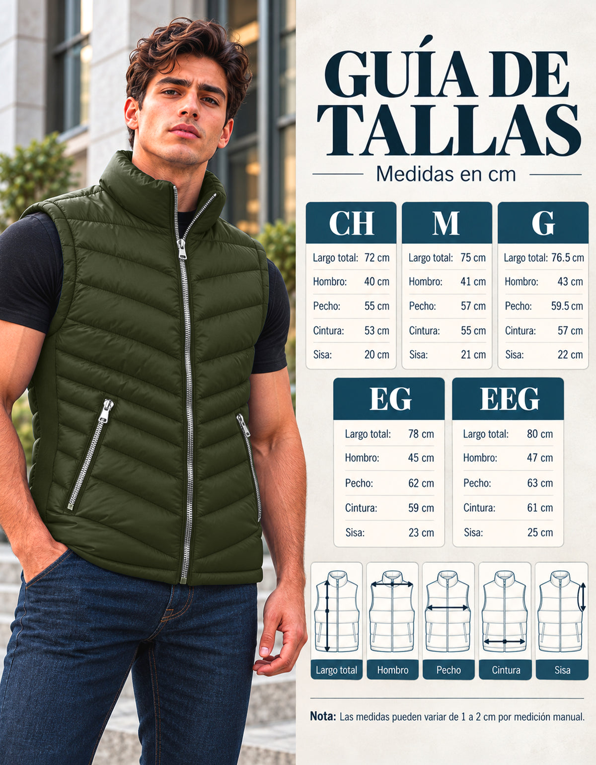 Chaleco Acolchado Hombre Ligero e Impermeable color Verde Militar