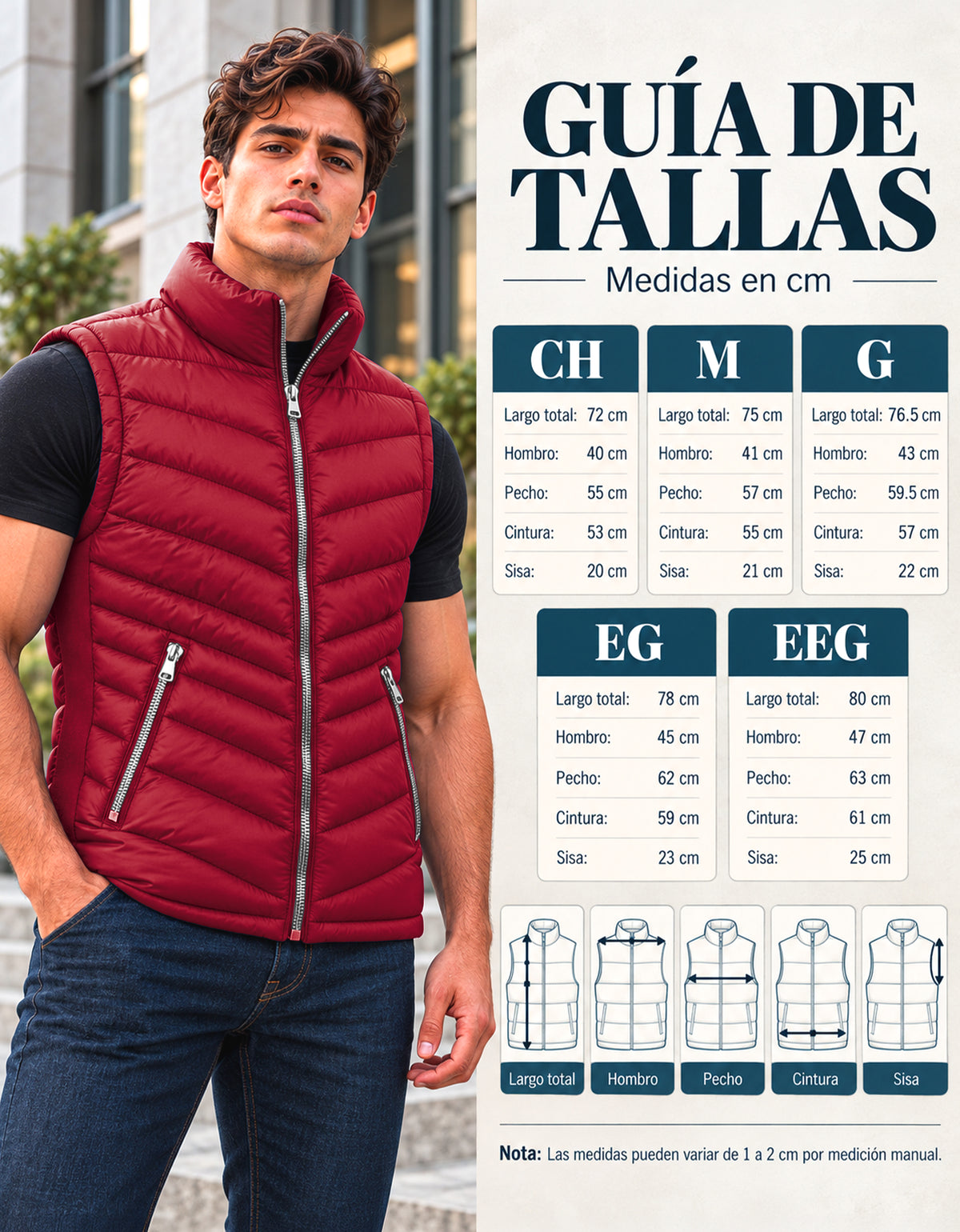 Chaleco Acolchado Hombre Ligero e Impermeable color Vino