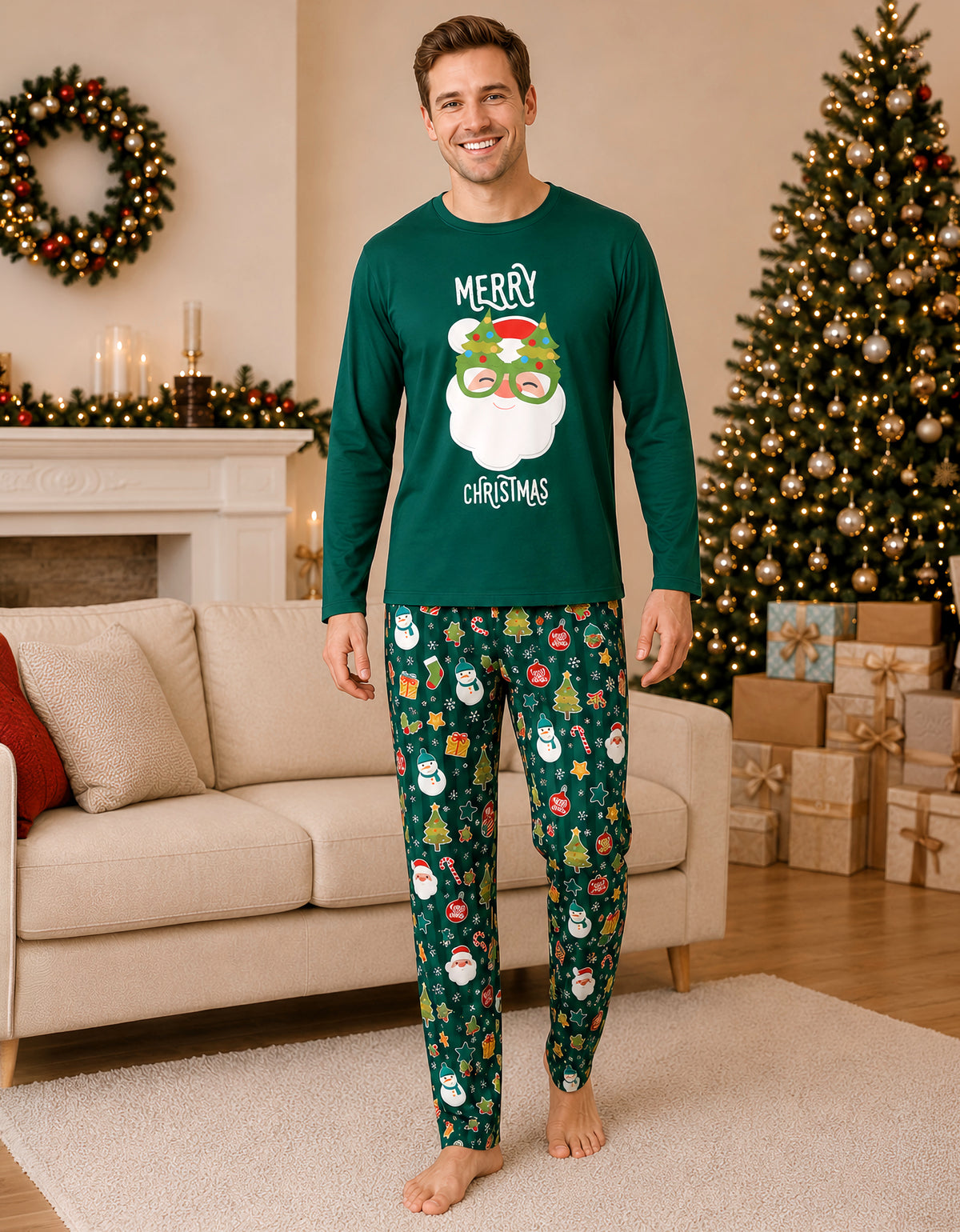 Pijama Navideña Familiar diseño Santa Claus verde