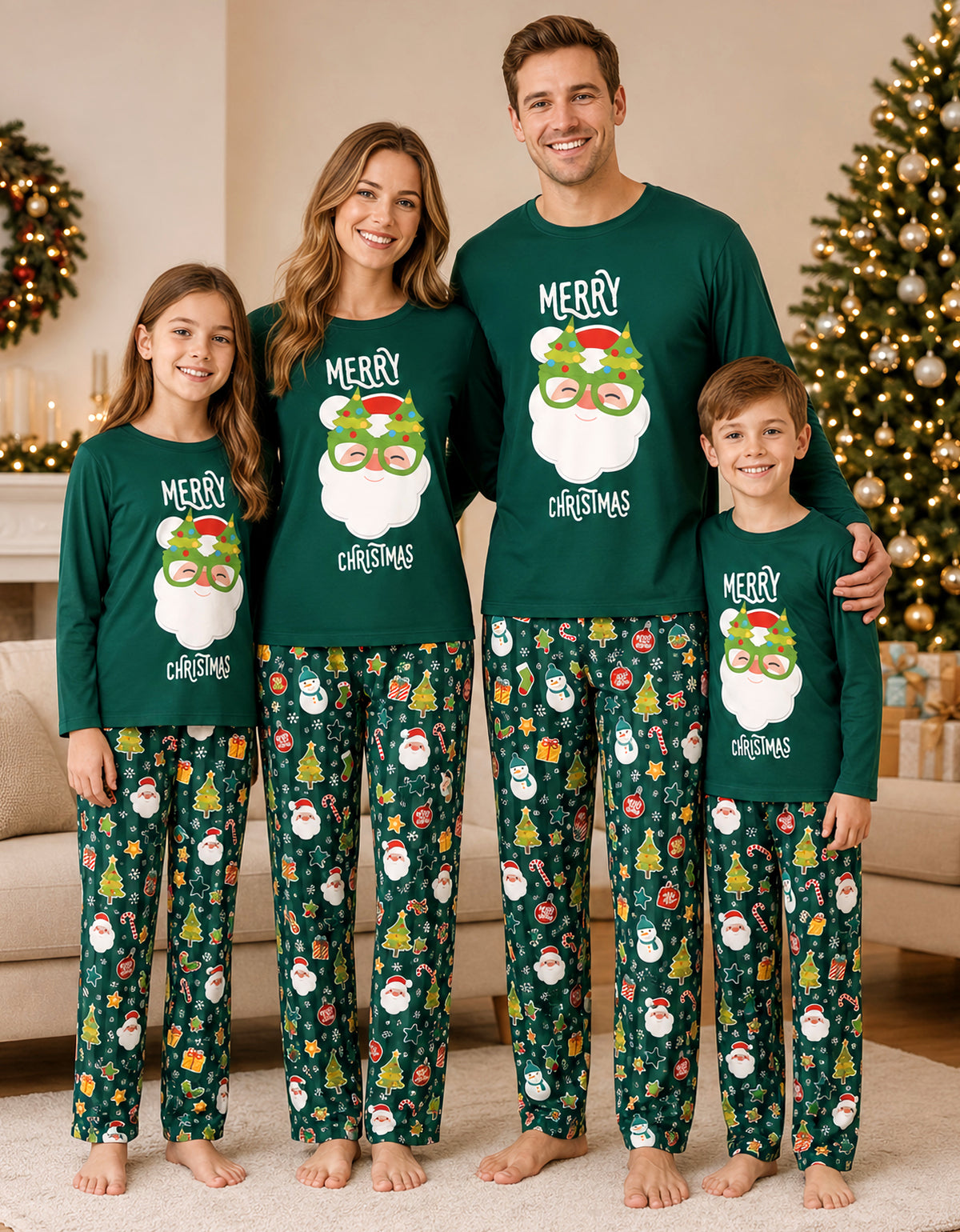 Pijama Navideña Familiar toda la familia diseño Santa Claus verde