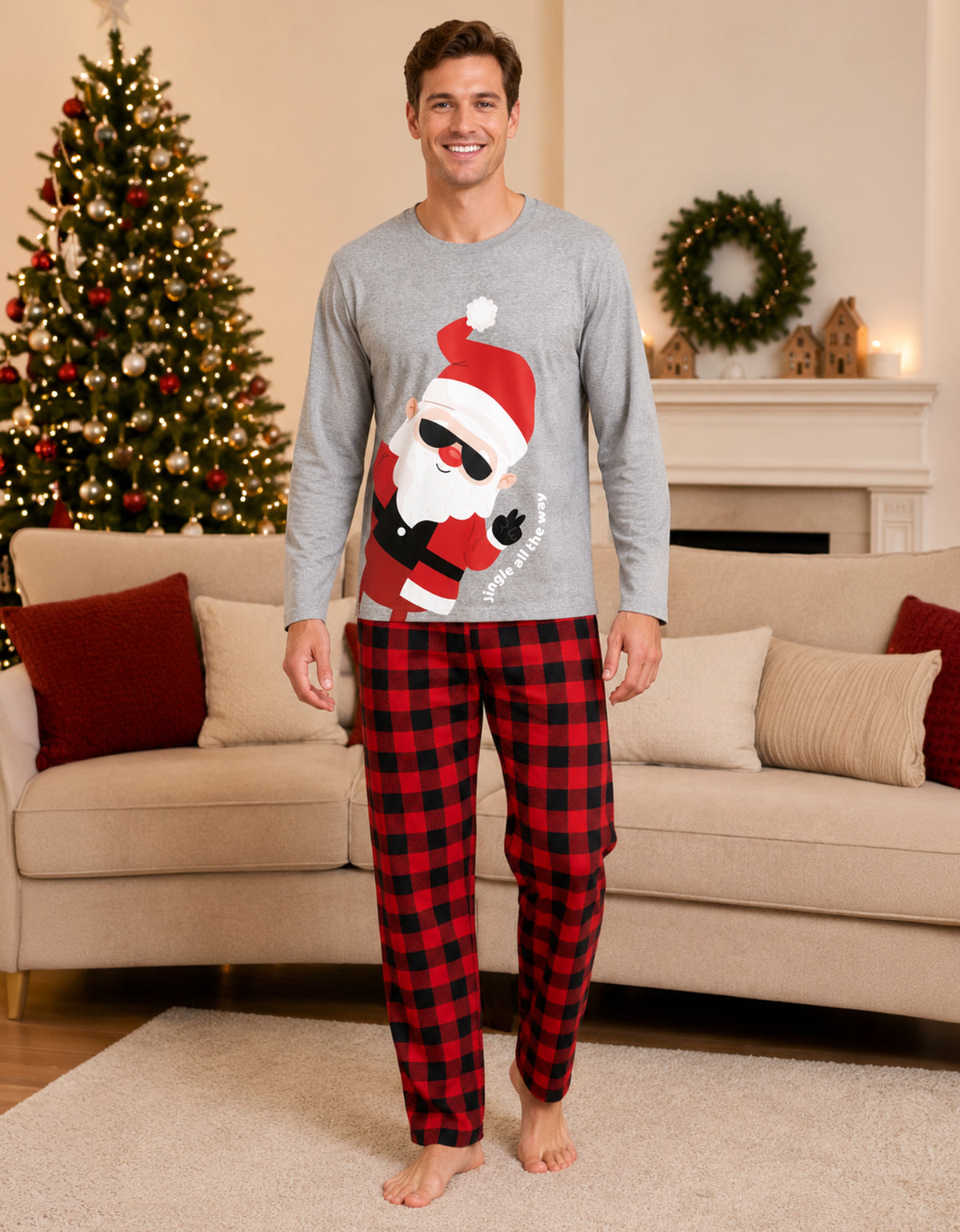 Pijama Navideña Familiar diseño Santa Claus cuadros rojos
