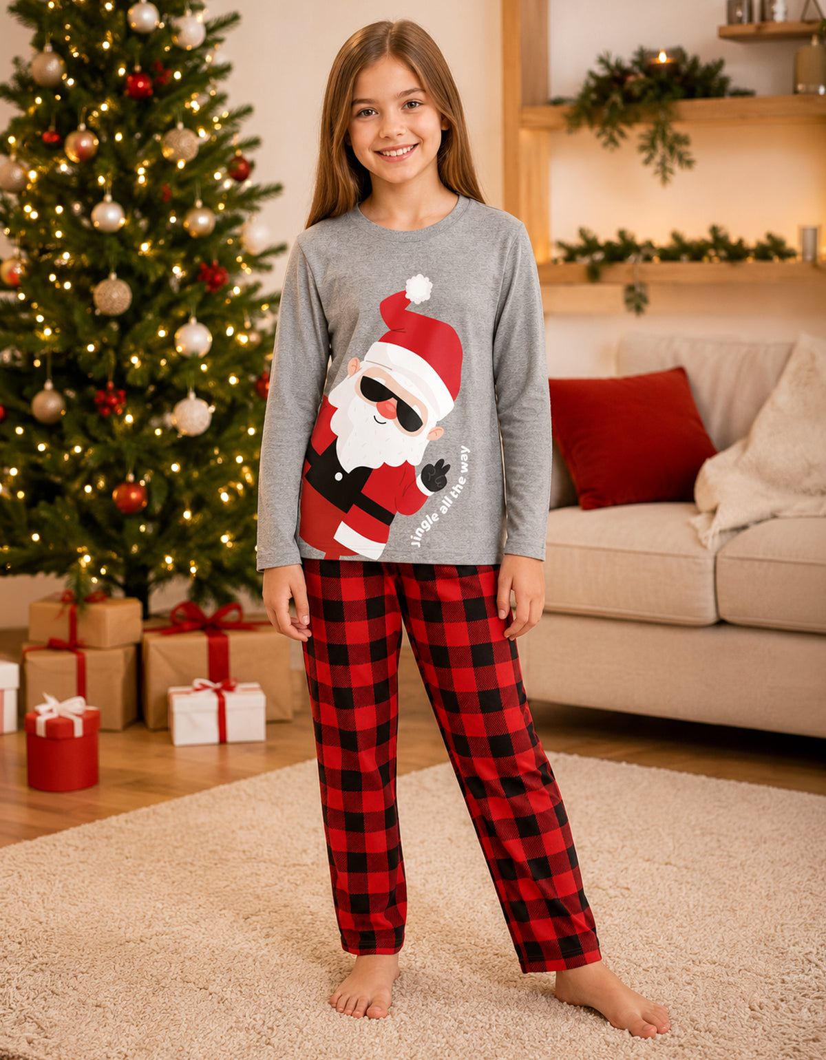 Pijama Navideña Familiar diseño Santa Claus cuadros rojos