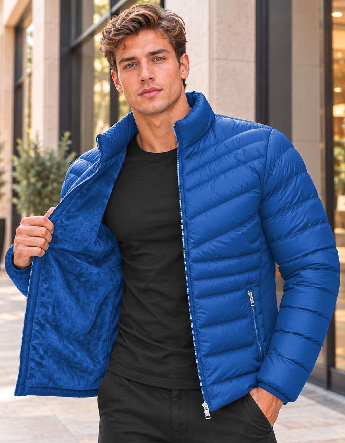 Chamarra Acolchada Hombre Ligera e Impermeable · Cuello Alto color Azul