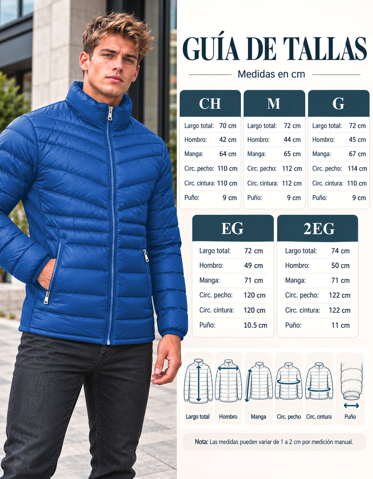 Chamarra Acolchada Hombre Ligera e Impermeable · Cuello Alto color Azul