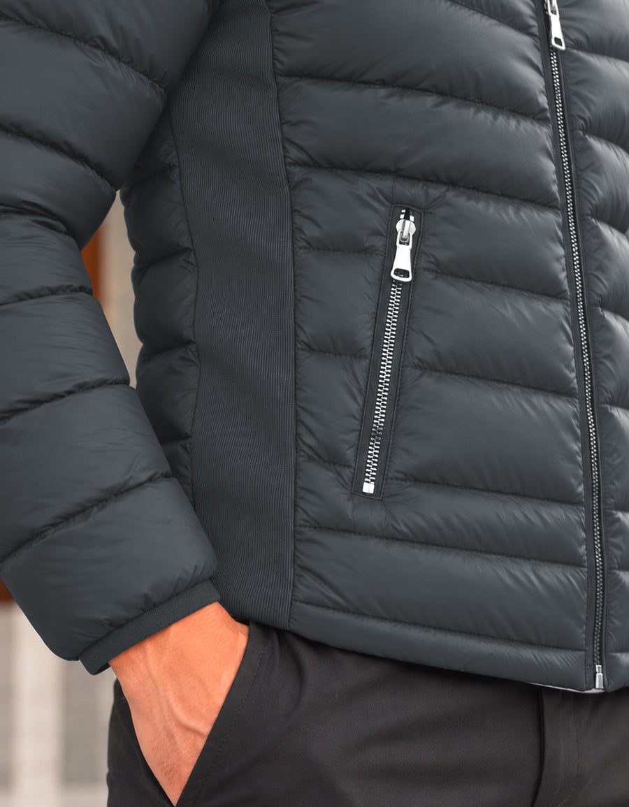 Chamarra Acolchada Hombre Ligera e Impermeable · Cuello Alto color Gris Oxford