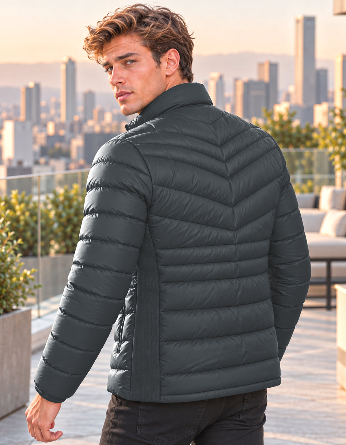 Chamarra Acolchada Hombre Ligera e Impermeable · Cuello Alto color Gris Oxford