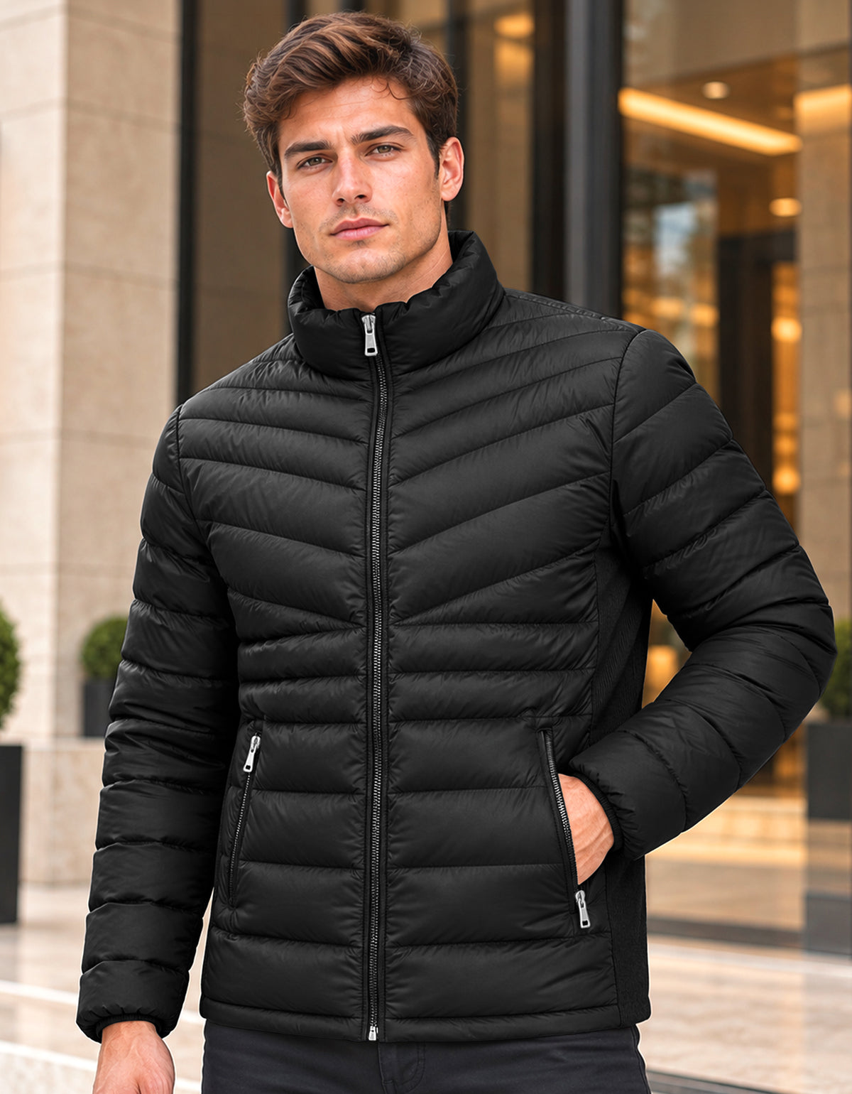 Chamarra Acolchada Hombre Ligera e Impermeable · Cuello Alto color Negro