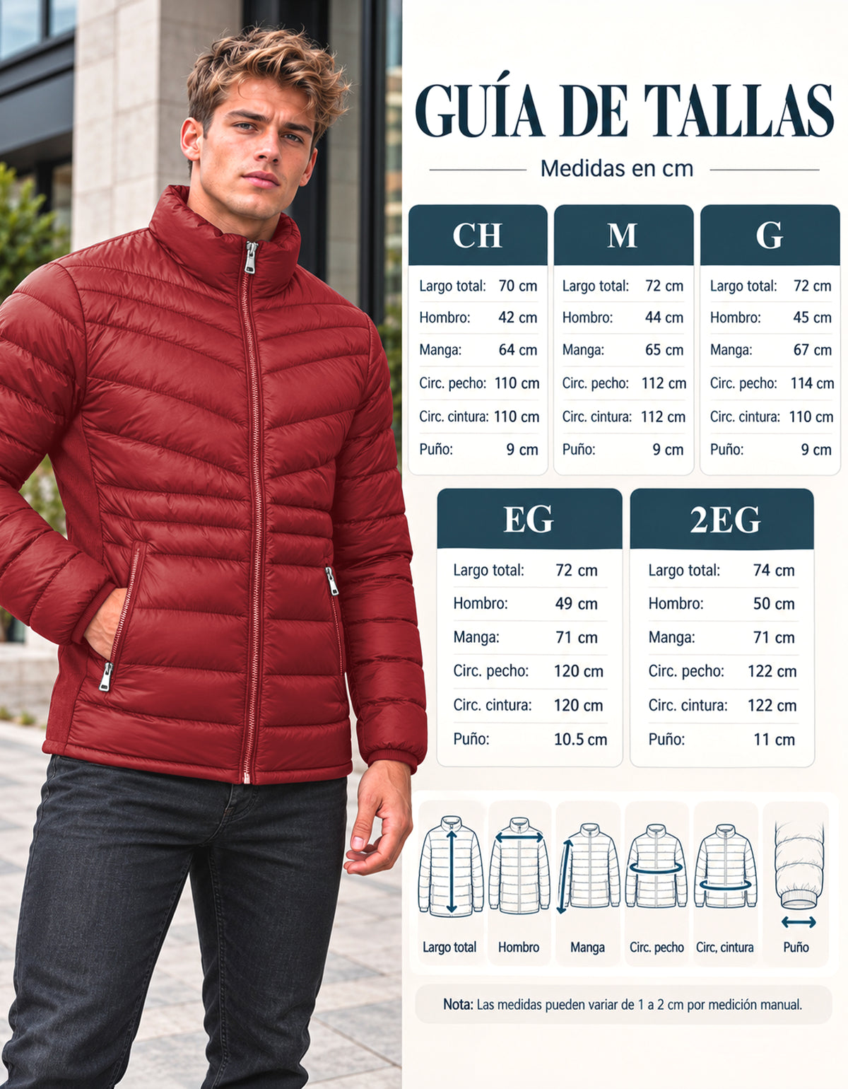 Chamarra Acolchada Hombre Ligera e Impermeable · Cuello Alto color Rojo