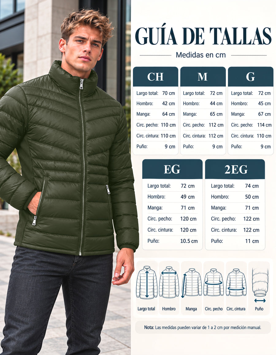 Chamarra Acolchada Hombre Ligera e Impermeable · Cuello Alto color Verde Militar