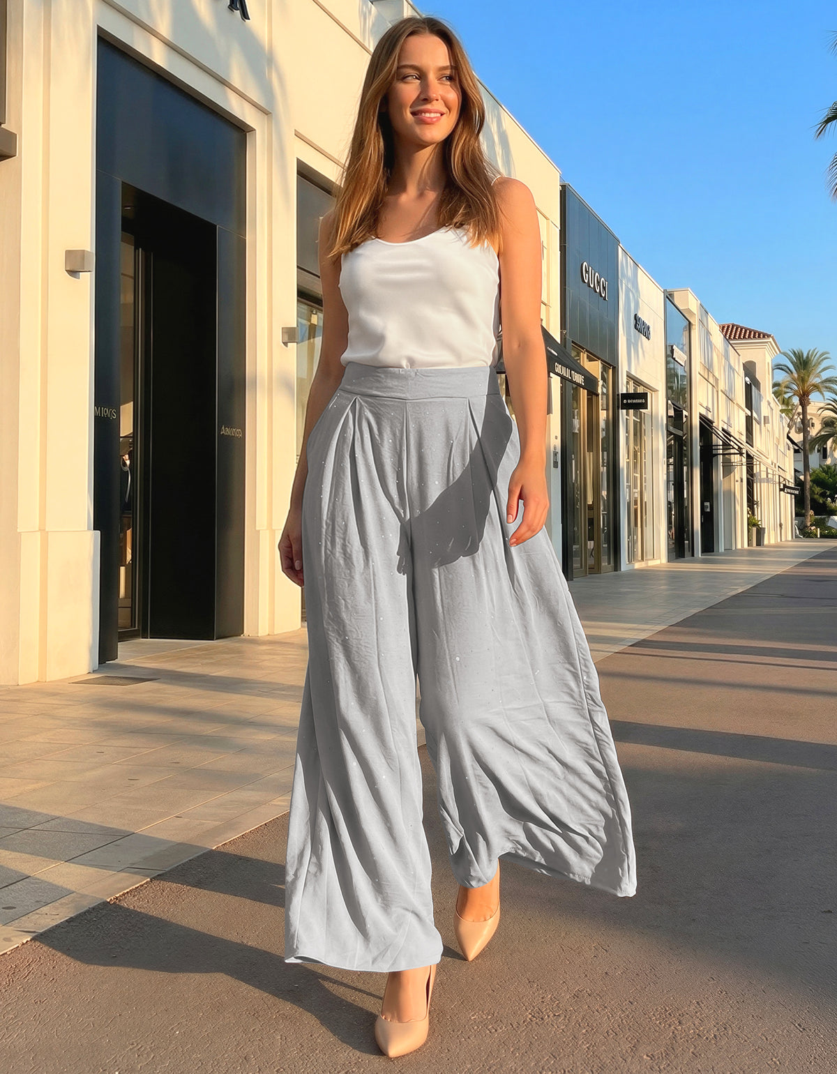 Pantalón Palazzo Mujer Pierna Ancha · Cintura Alta Casual · Unitalla color Gris