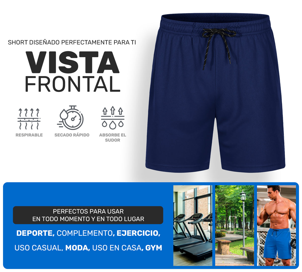 Short Deportivo Hombre para Gym Slim Fit · Elástico y Transpirable con Bolsillos · CH a XG color Azul Marino