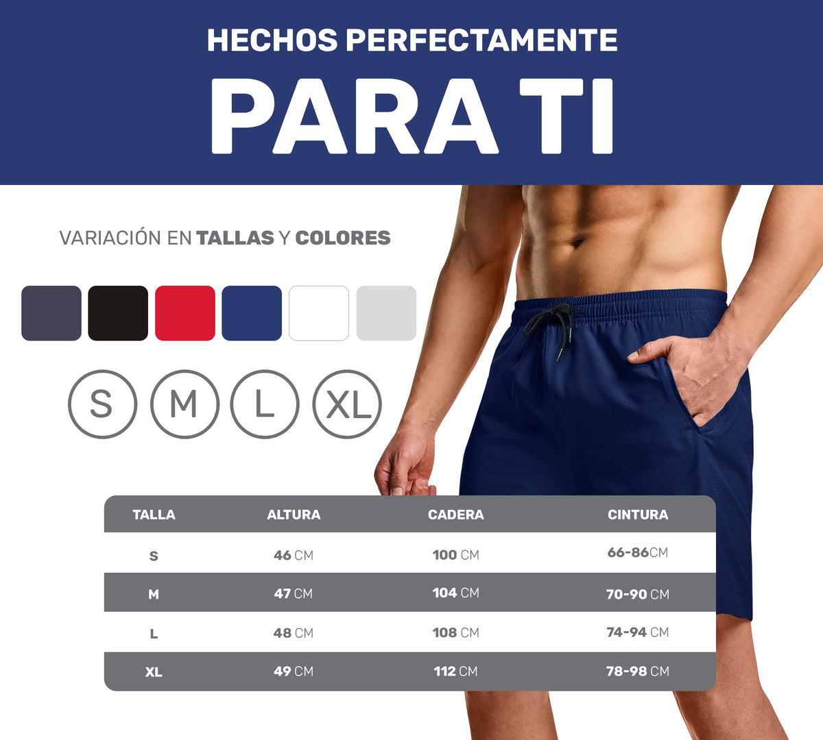 Short Deportivo Hombre para Gym Slim Fit · Elástico y Transpirable con Bolsillos · CH a XG color Azul Marino