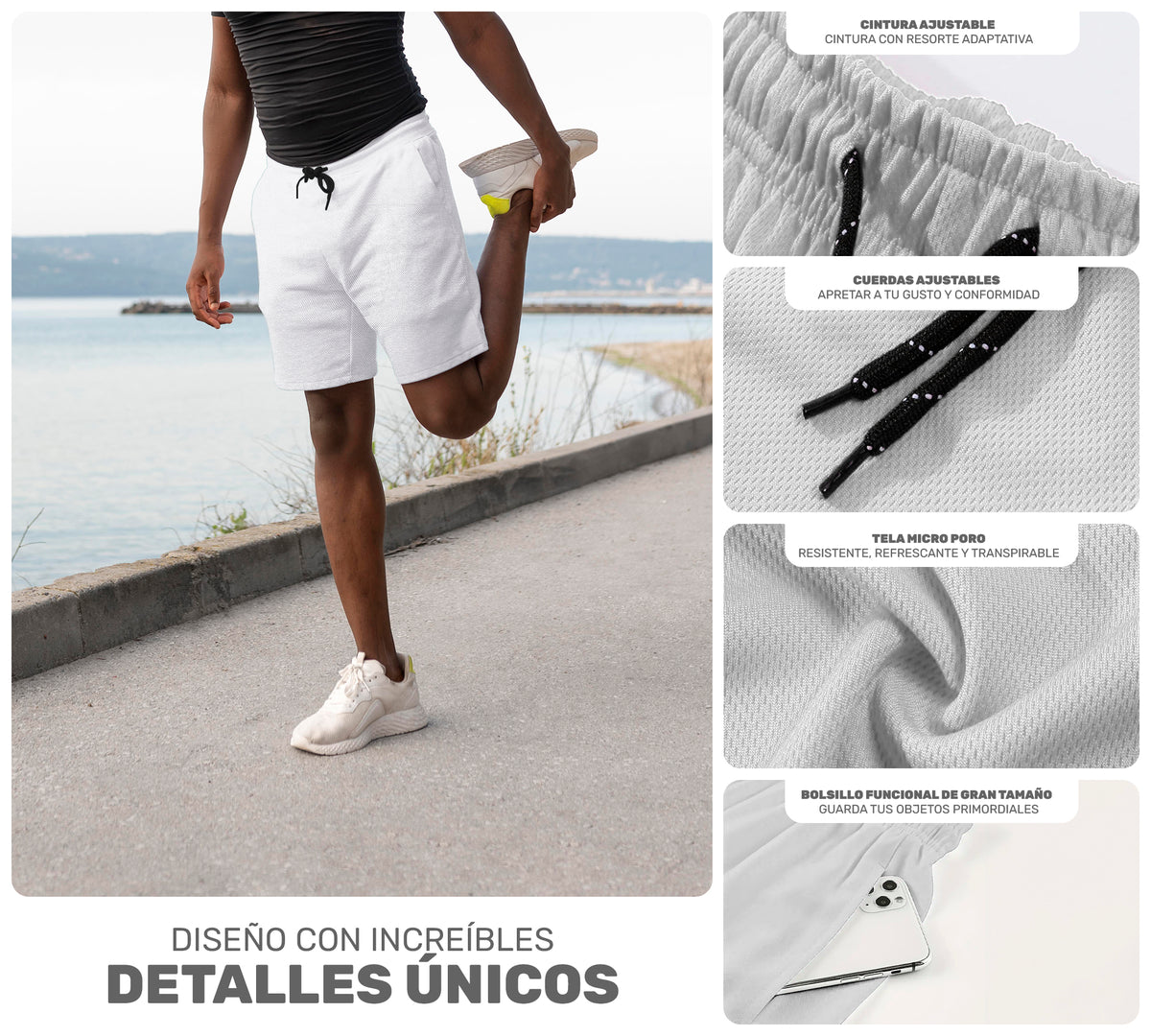 Short Deportivo Hombre para Gym Slim Fit · Elástico y Transpirable con Bolsillos · CH a XG color Blanco