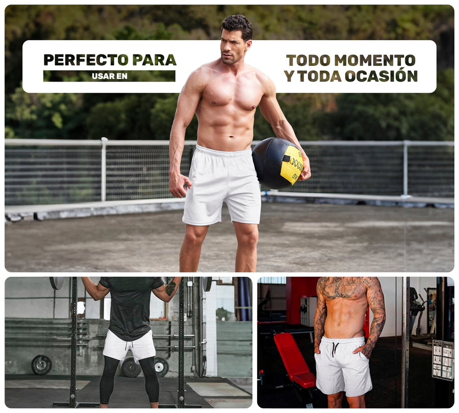 Short Deportivo Hombre para Gym Slim Fit · Elástico y Transpirable con Bolsillos · CH a XG color Blanco