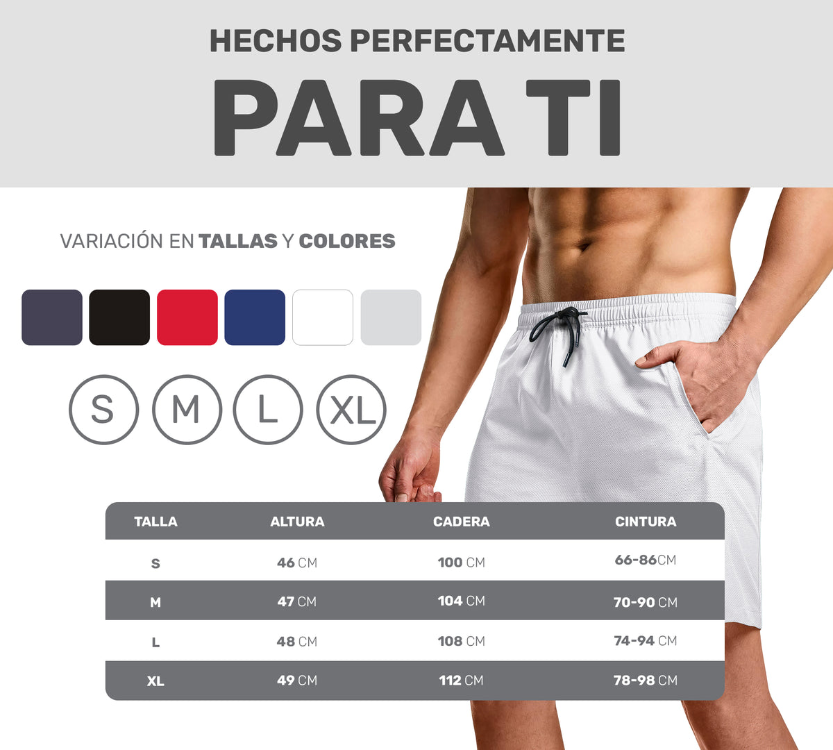 Short Deportivo Hombre para Gym Slim Fit · Elástico y Transpirable con Bolsillos · CH a XG color Blanco