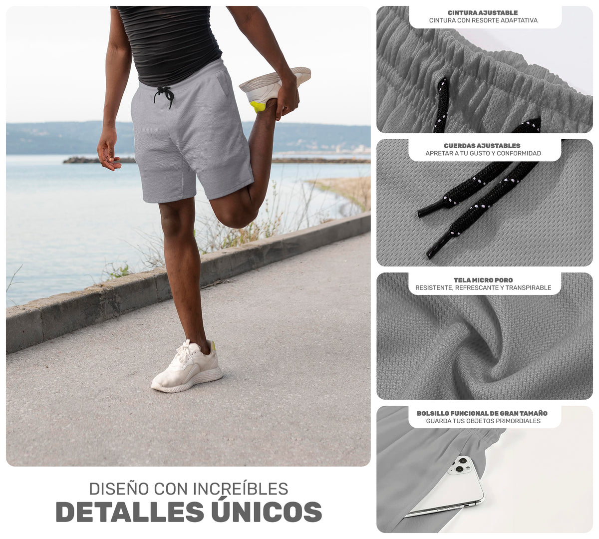 Short Deportivo Hombre para Gym Slim Fit · Elástico y Transpirable con Bolsillos · CH a XG color Gris Claro
