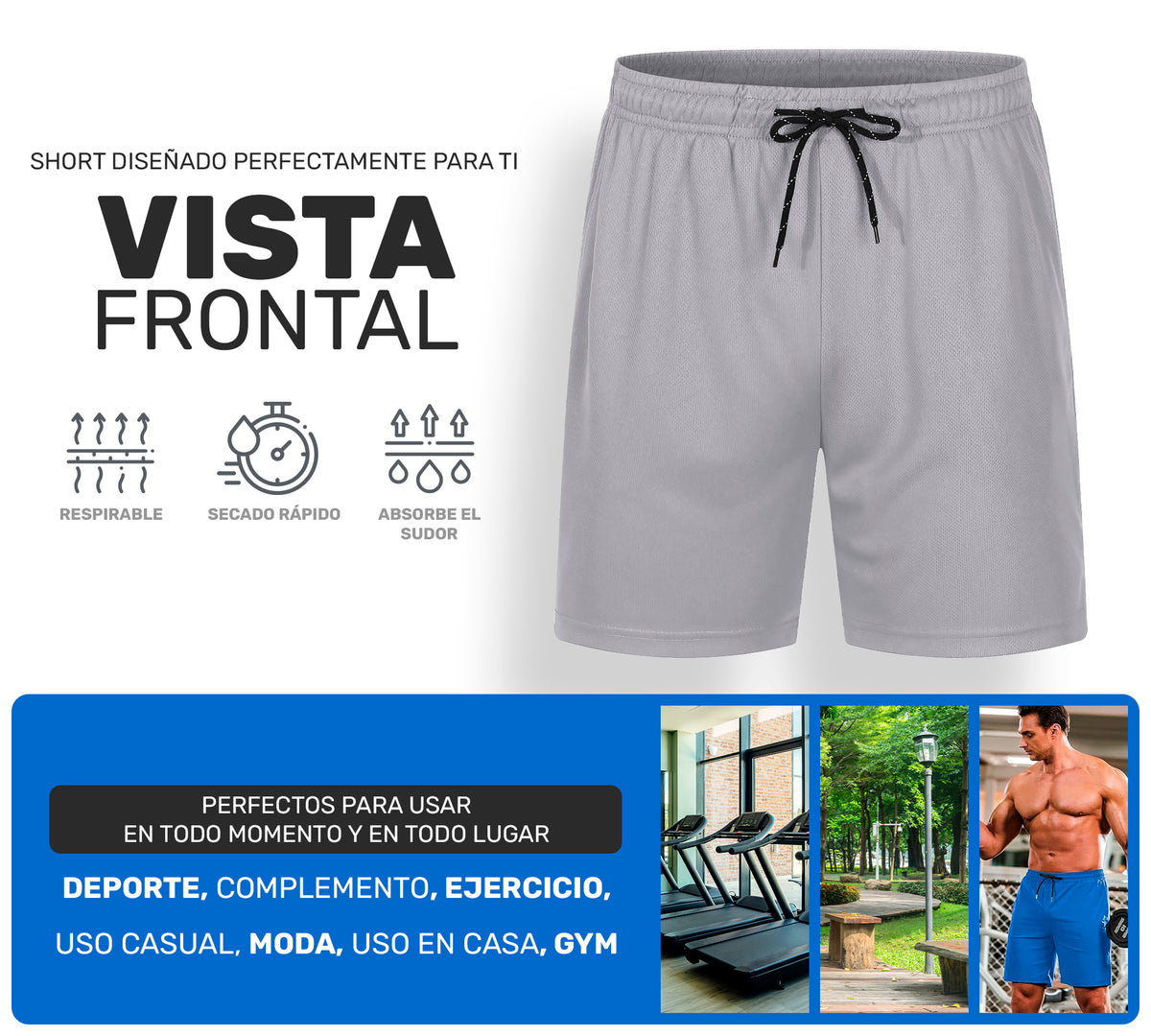 Short Deportivo Hombre para Gym Slim Fit · Elástico y Transpirable con Bolsillos · CH a XG color Gris Claro