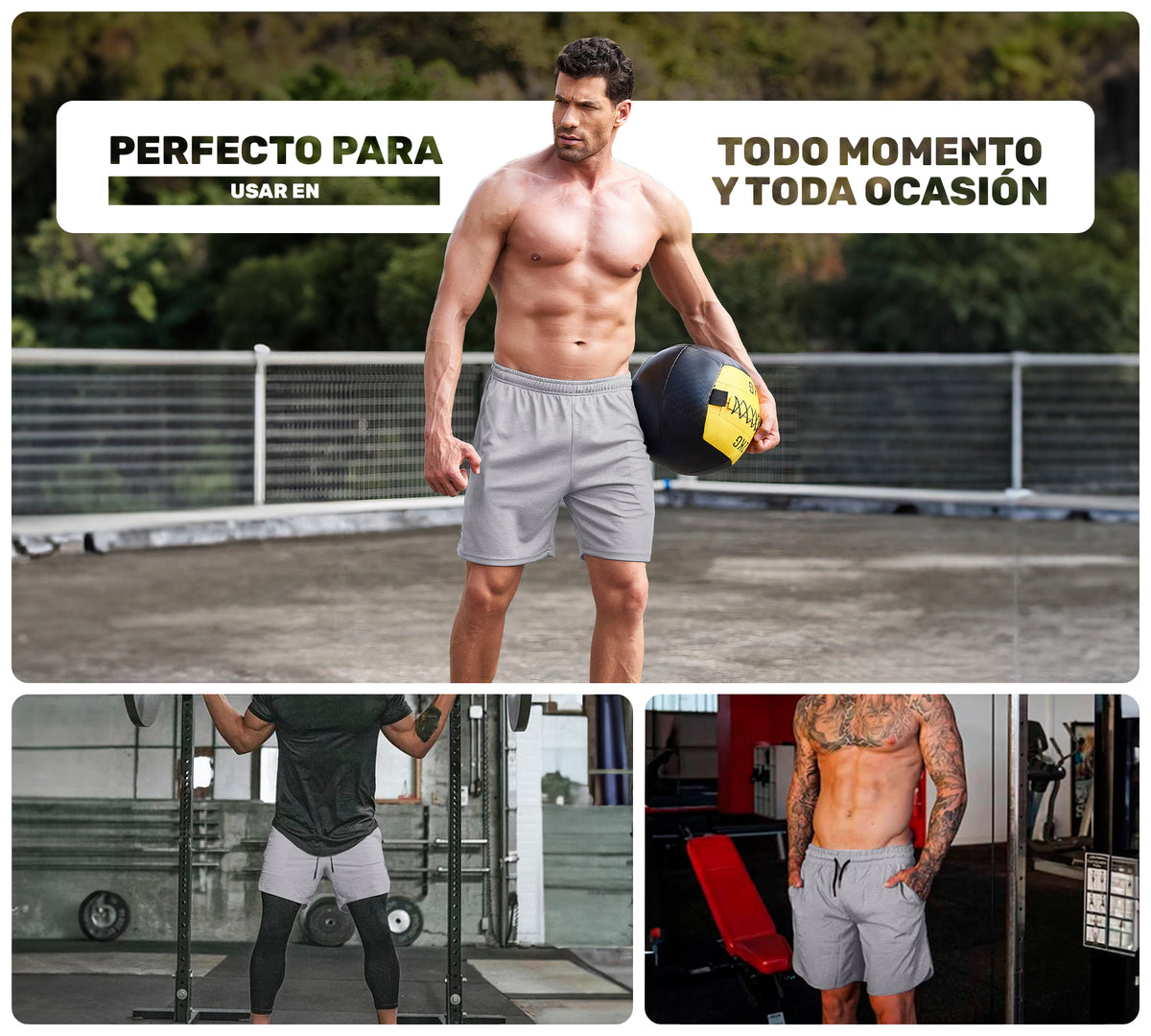 Short Deportivo Hombre para Gym Slim Fit · Elástico y Transpirable con Bolsillos · CH a XG color Gris Claro
