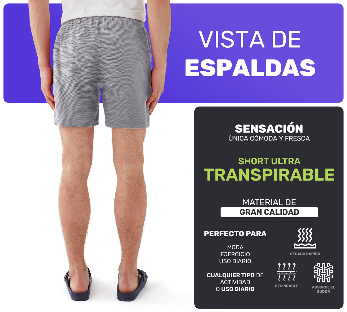 Short Deportivo Hombre para Gym Slim Fit · Elástico y Transpirable con Bolsillos · CH a XG color Gris Claro