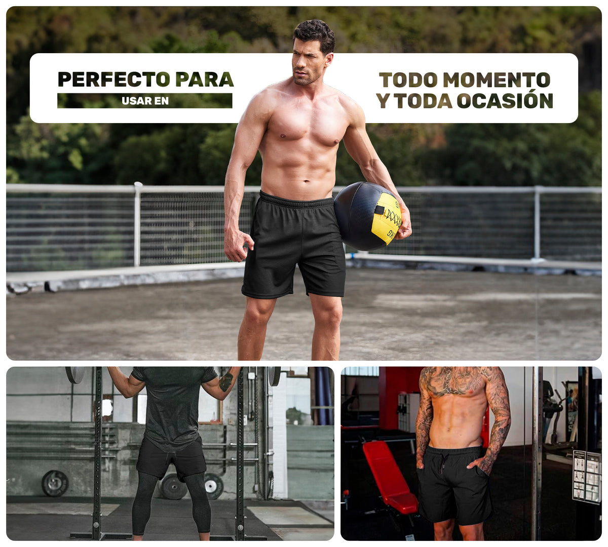 Short Deportivo Hombre para Gym Slim Fit · Elástico y Transpirable con Bolsillos · CH a XG color Negro