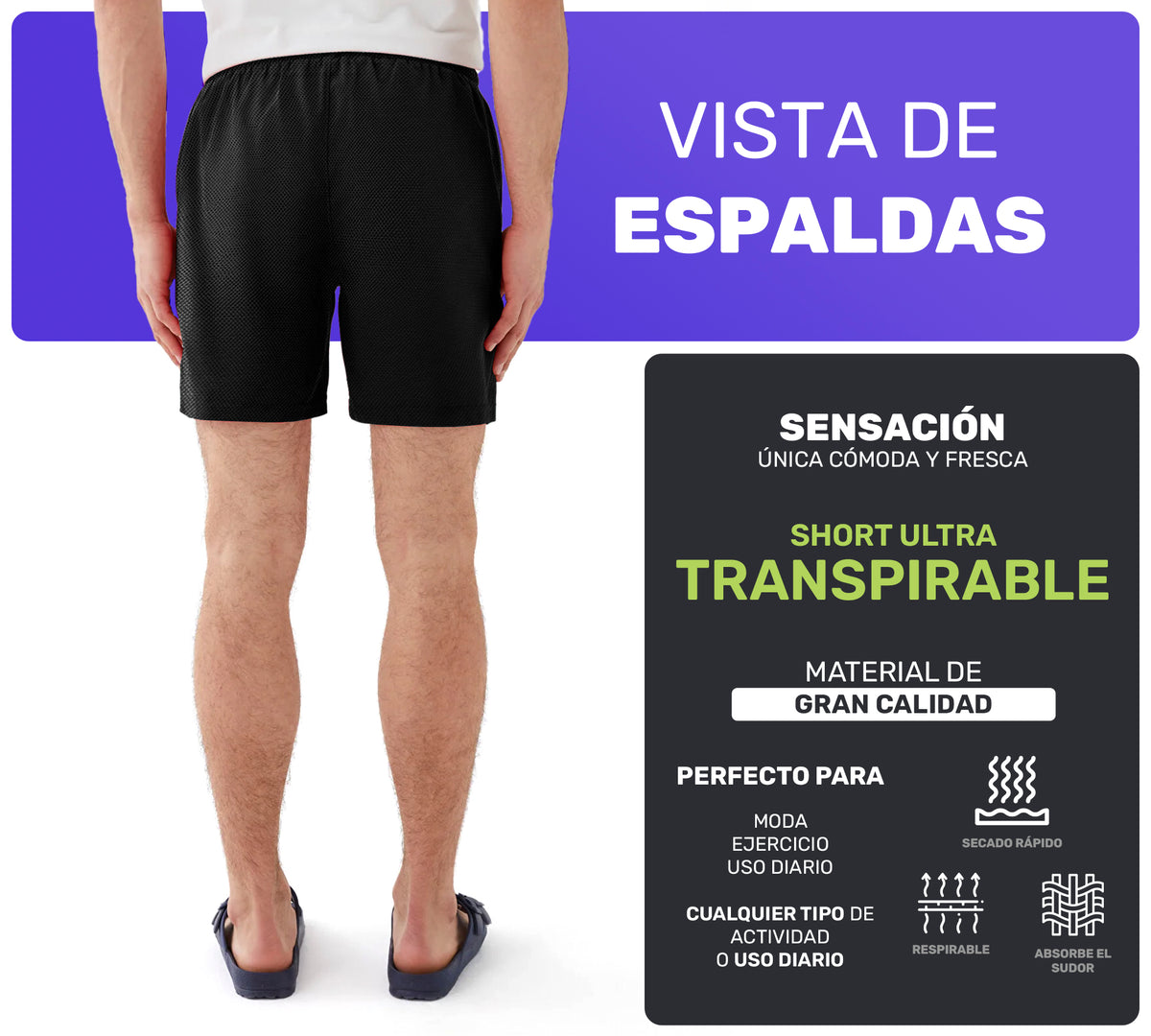 Short Deportivo Hombre para Gym Slim Fit · Elástico y Transpirable con Bolsillos · CH a XG color Negro