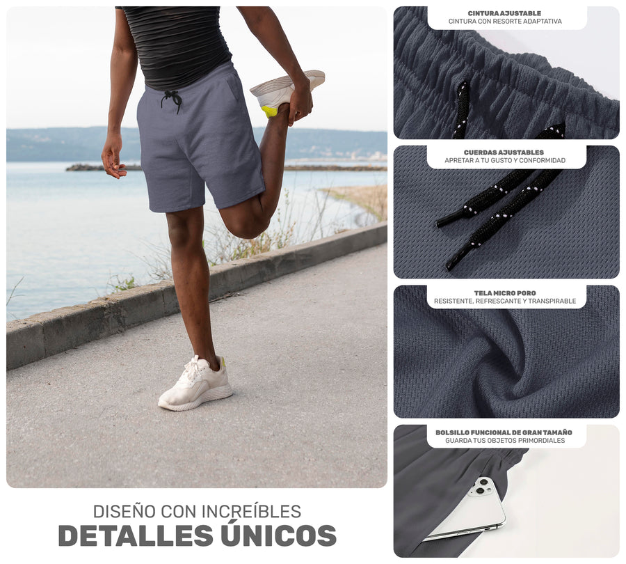 Short Deportivo Hombre para Gym Slim Fit · Elástico y Transpirable con Bolsillos · CH a XG color Gris Oxford