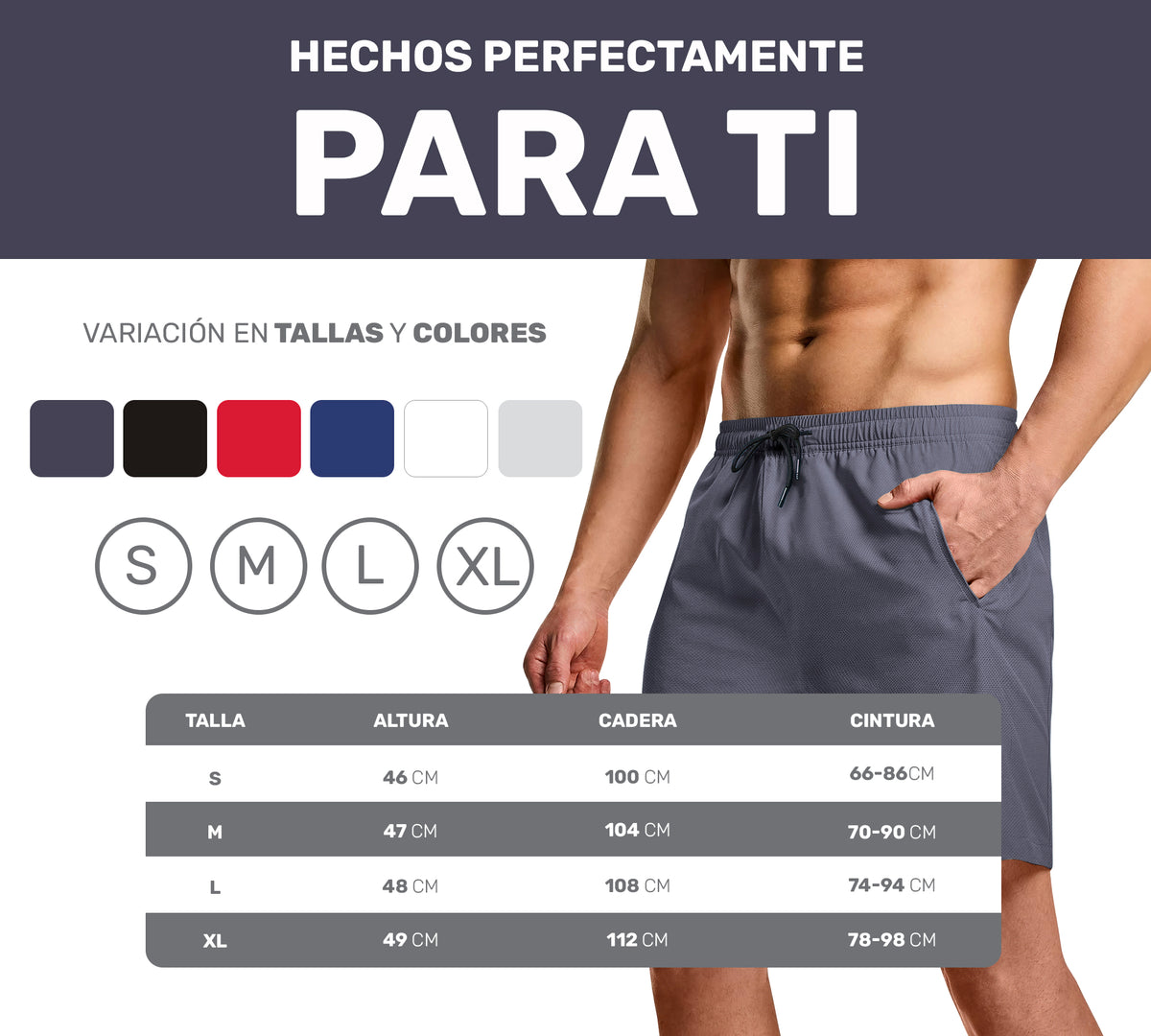 Short Deportivo Hombre para Gym Slim Fit · Elástico y Transpirable con Bolsillos · CH a XG color Gris Oxford