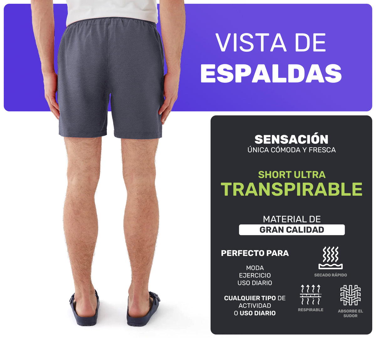 Short Deportivo Hombre para Gym Slim Fit · Elástico y Transpirable con Bolsillos · CH a XG color Gris Oxford