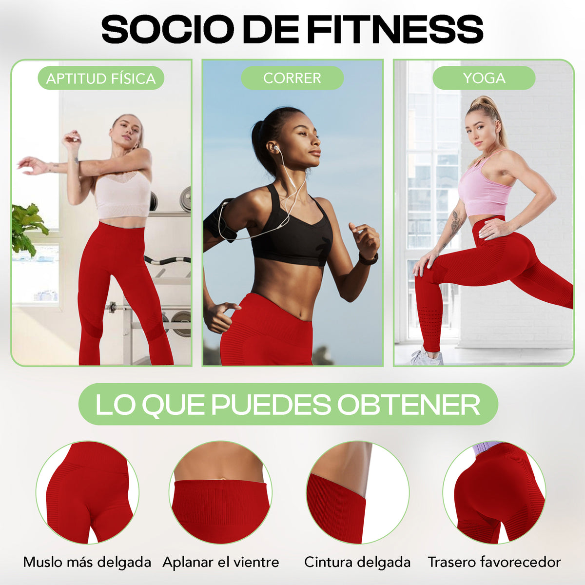 Leggings Deportivos Mujer Levanta Glúteos Sin Costuras · Cintura Alta · CH a XG color Rojo
