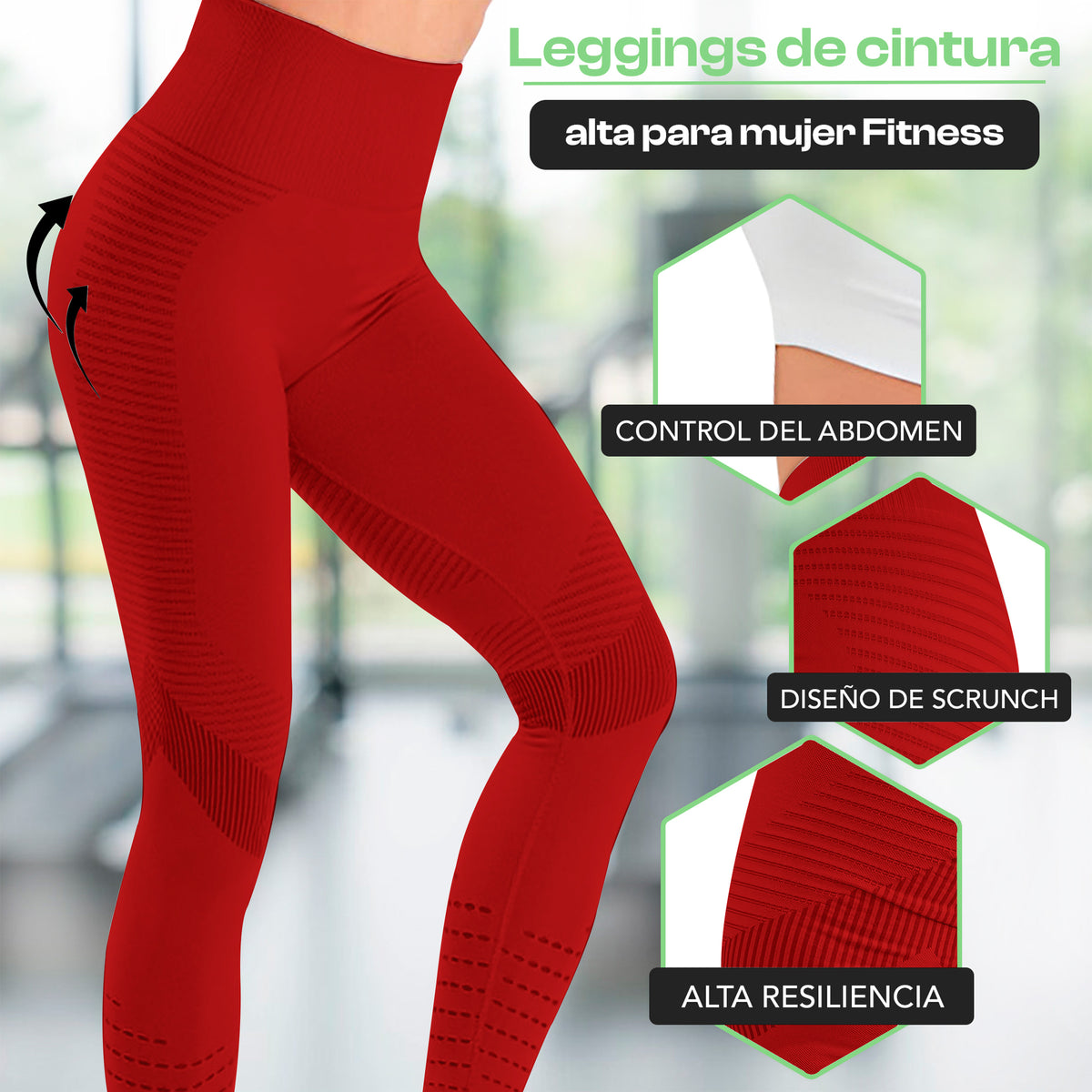 Leggings Deportivos Mujer Levanta Glúteos Sin Costuras · Cintura Alta · CH a XG color Rojo
