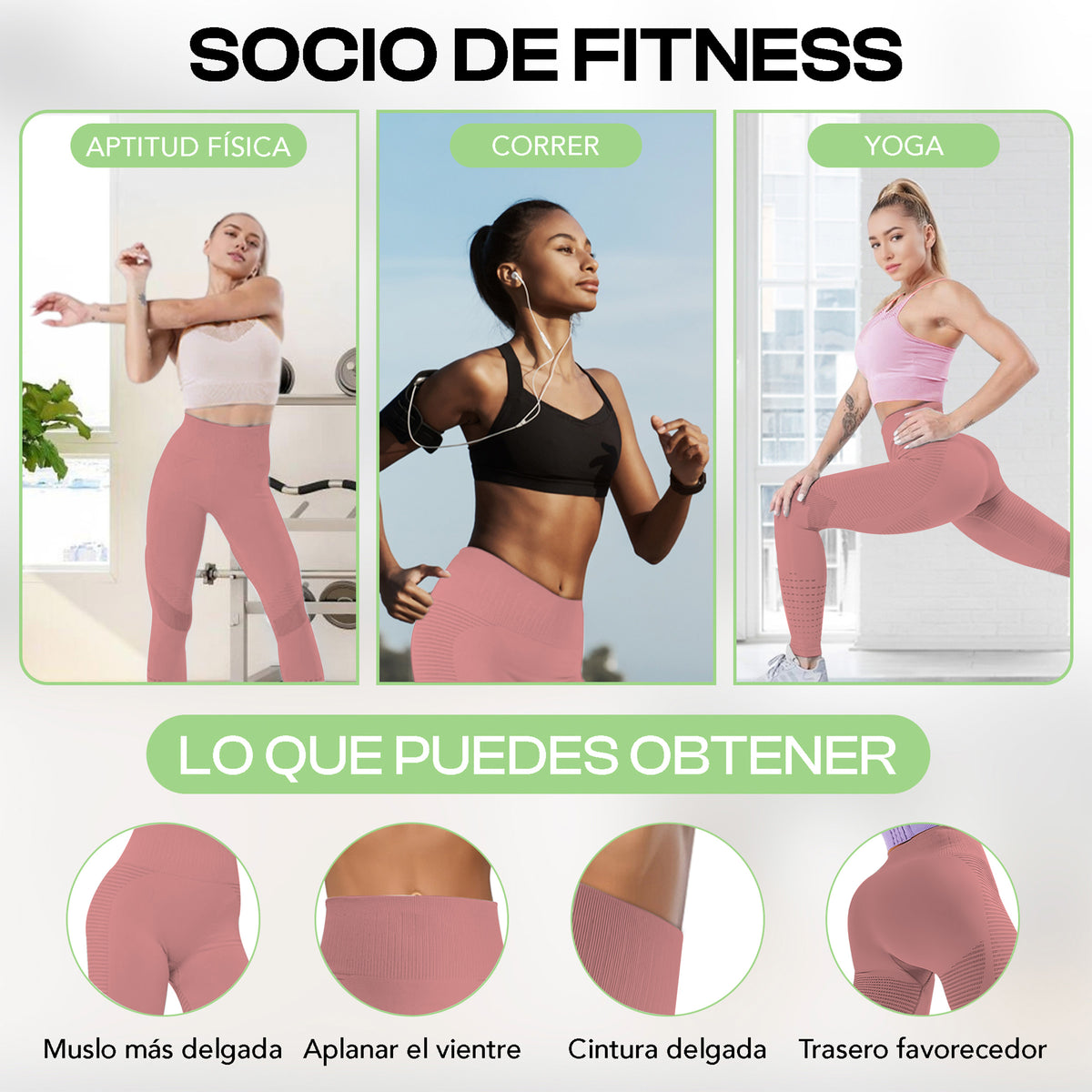 Leggings Deportivos Mujer Levanta Glúteos Sin Costuras · Cintura Alta · CH a XG color Rosa