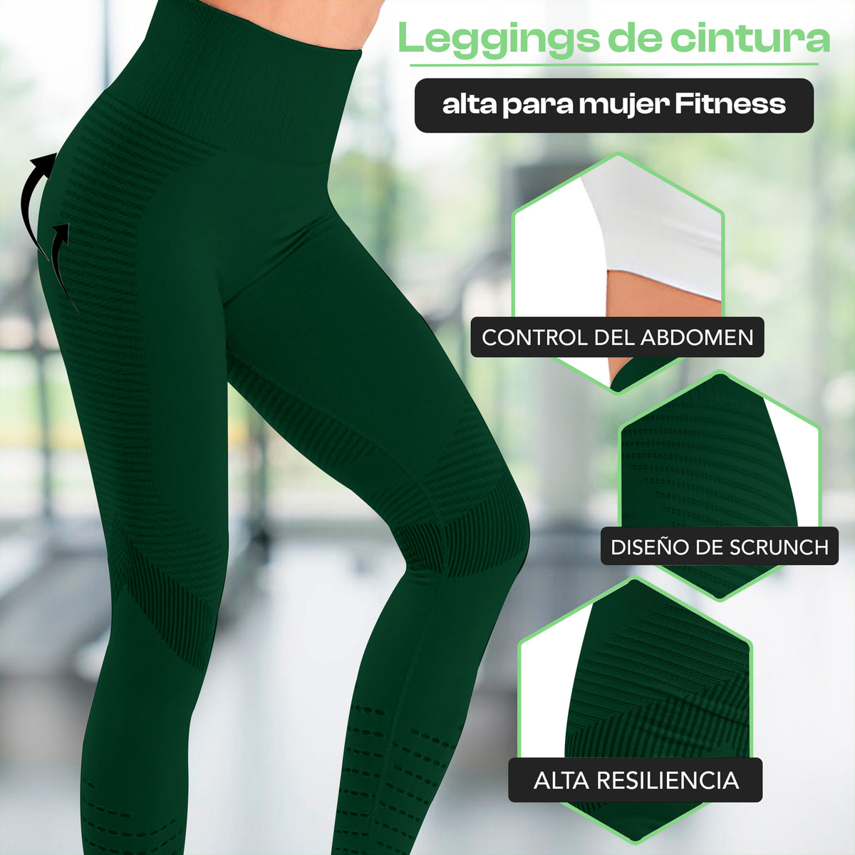Leggings Deportivos Mujer Levanta Glúteos Sin Costuras · Cintura Alta · CH a XG color Verde