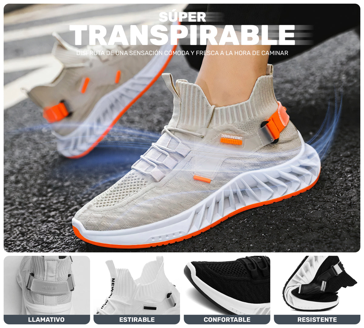 Tenis Hombre tipo Calcetín Transpirables · Suela Gruesa Amortiguada · Tallas 40 y 43 color Beige