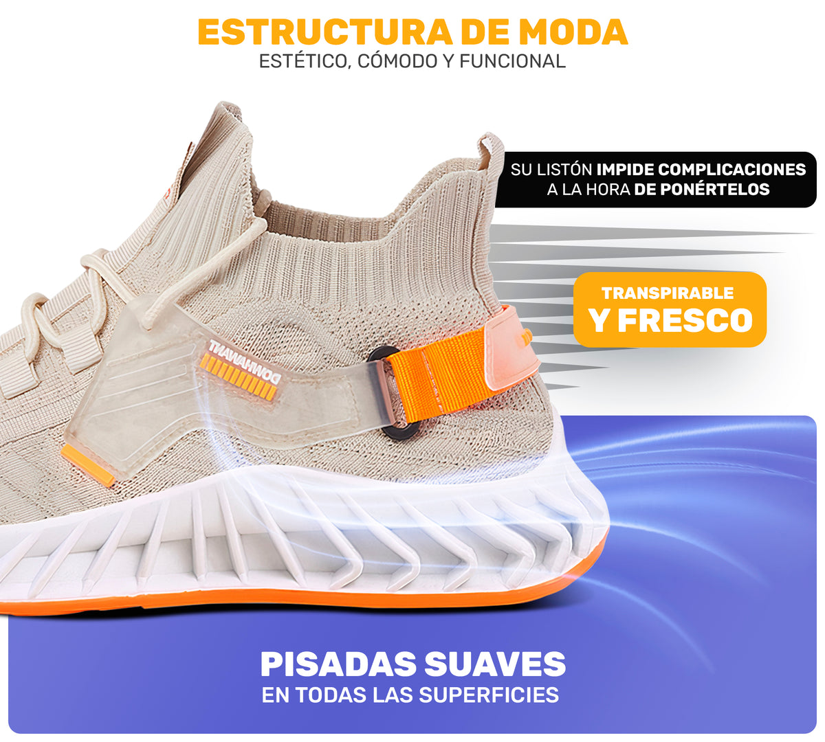 Tenis Hombre tipo Calcetín Transpirables · Suela Gruesa Amortiguada · Tallas 40 y 43 color Beige