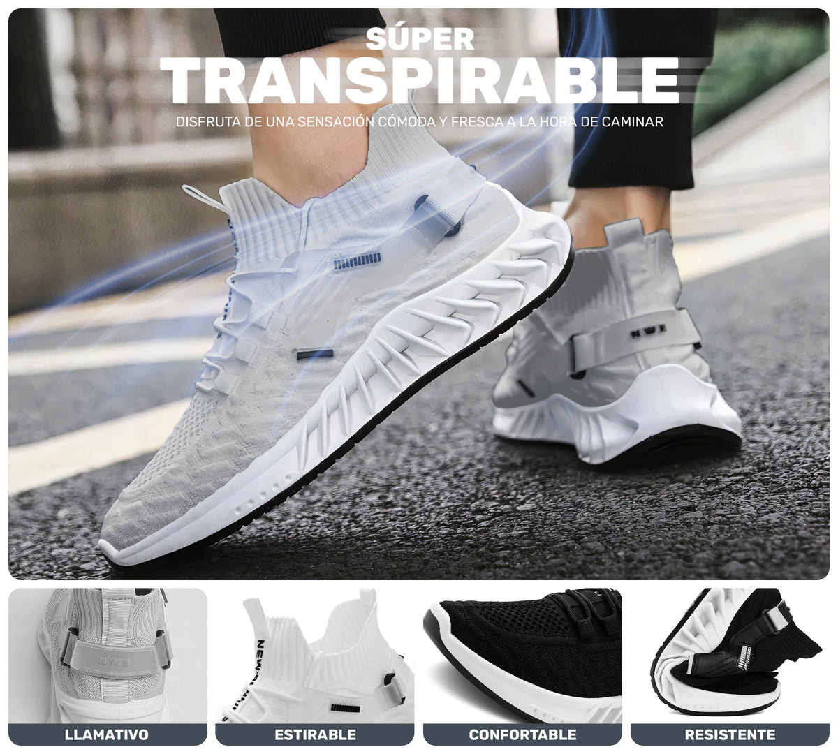 Tenis Hombre tipo Calcetín Transpirables · Suela Gruesa Amortiguada · Tallas 40 y 43 color Gris