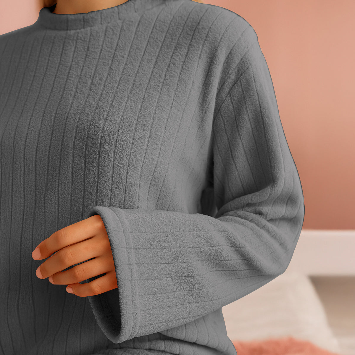 Pijama Polar Mujer Acanalada 2 Piezas · Manga Larga y Pantalón · Unitalla color Gris