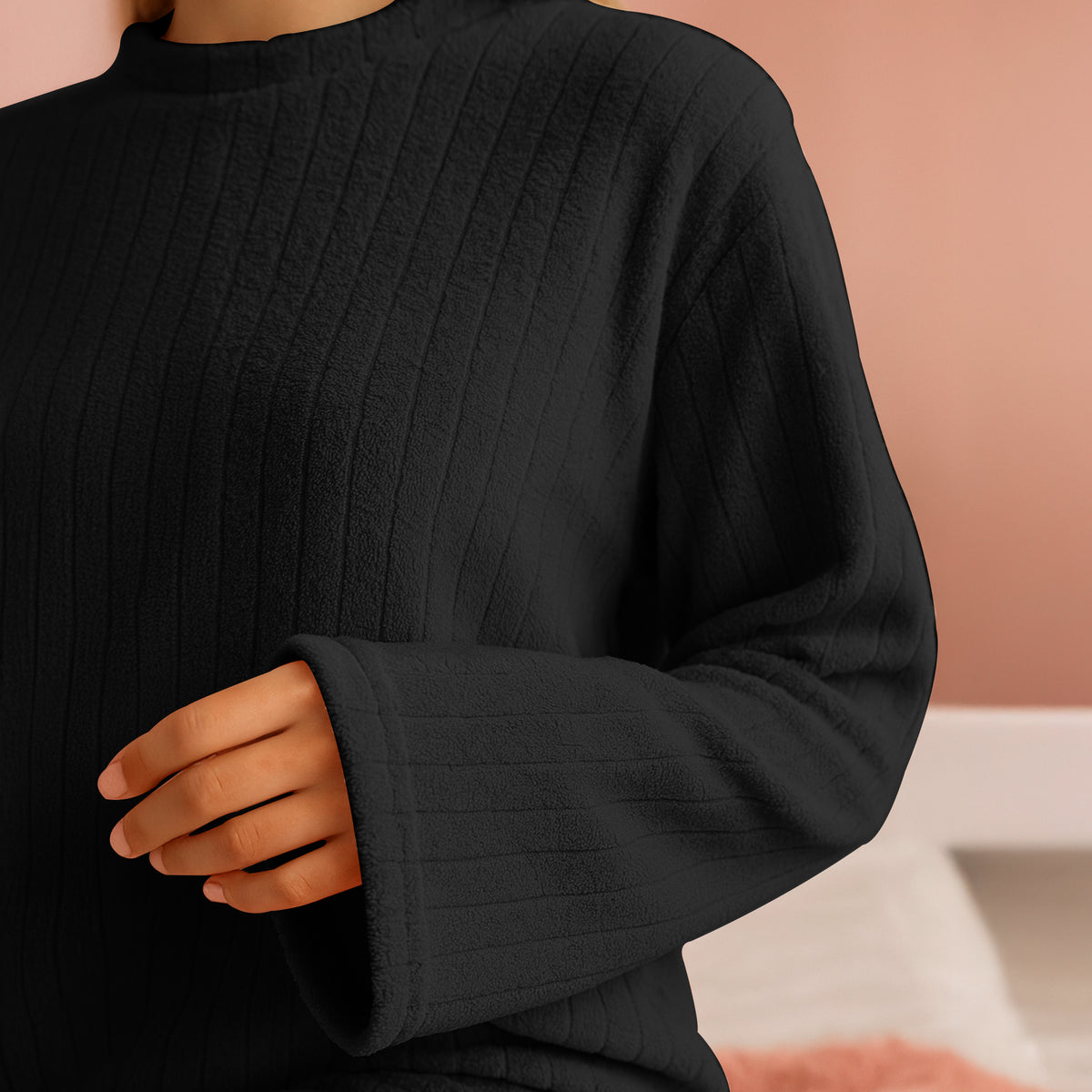 Pijama Polar Mujer Acanalada 2 Piezas · Manga Larga y Pantalón · Unitalla color Negro