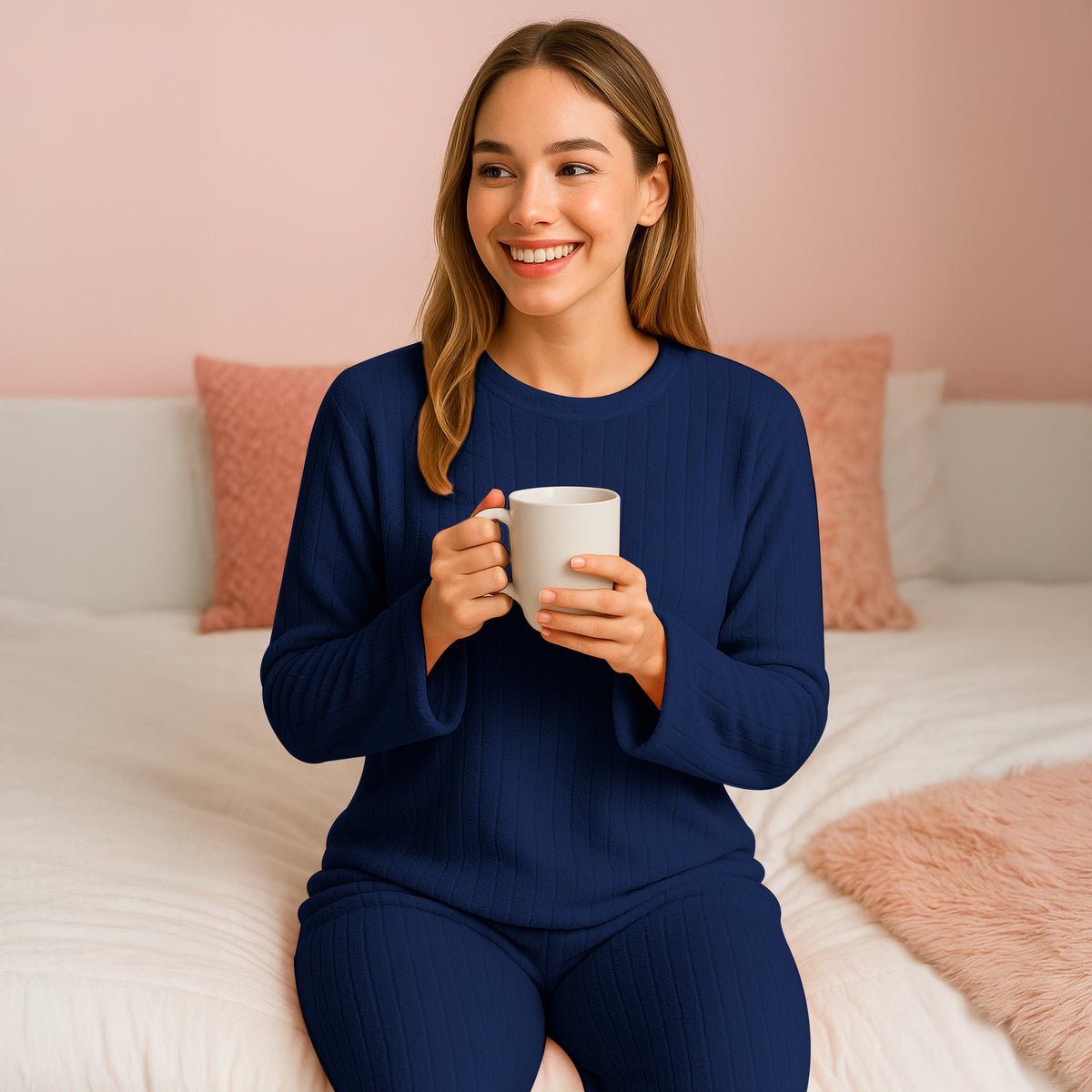 Pijama Polar Mujer Acanalada 2 Piezas · Manga Larga y Pantalón · Unitalla color Azul Marino