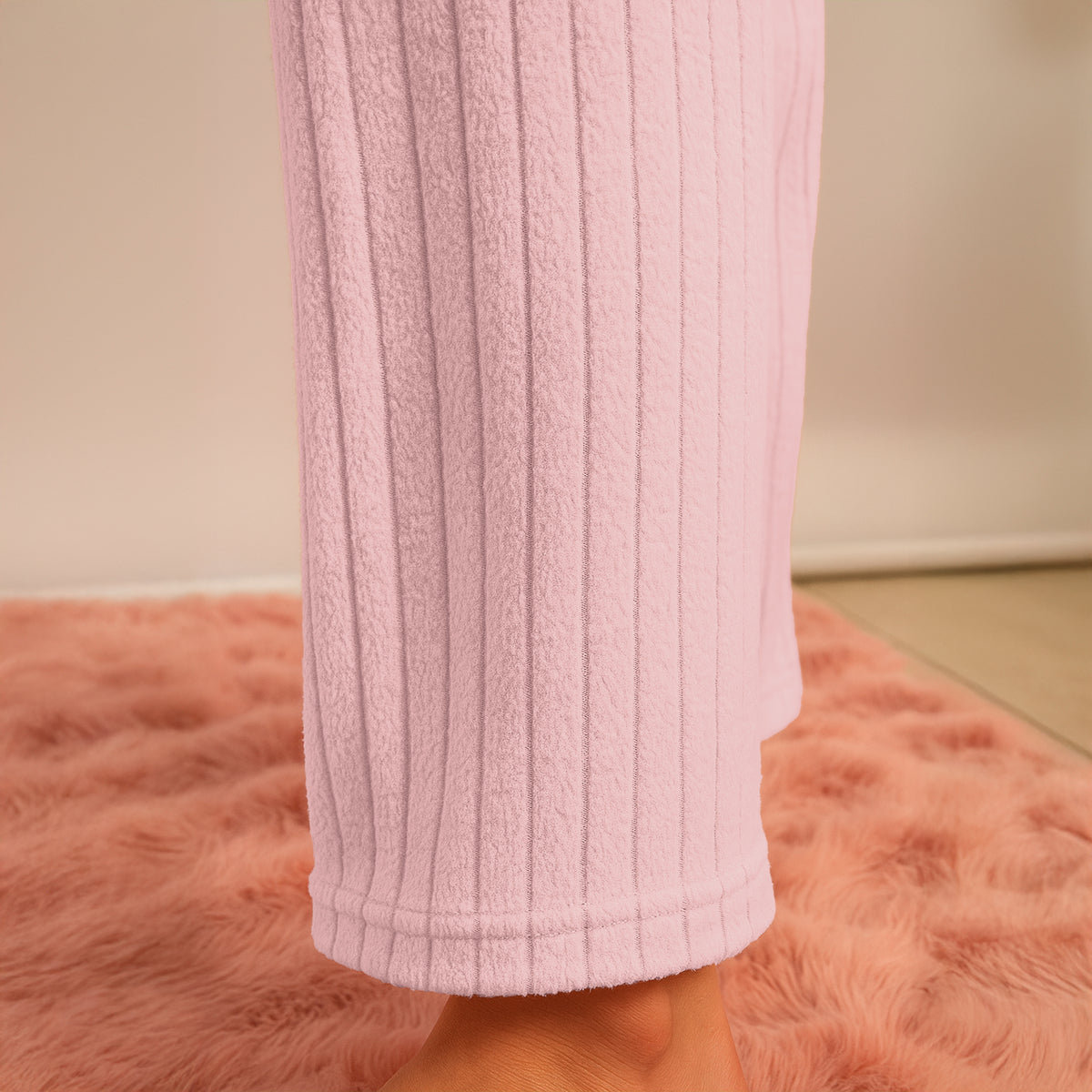Pijama Polar Mujer Acanalada 2 Piezas · Manga Larga y Pantalón · Unitalla color Rosa Claro