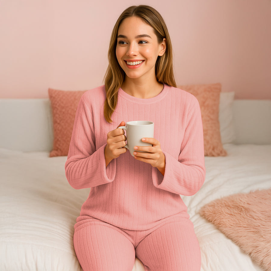 Pijama Polar Mujer Acanalada 2 Piezas · Manga Larga y Pantalón · Unitalla color Rosa Fuerte