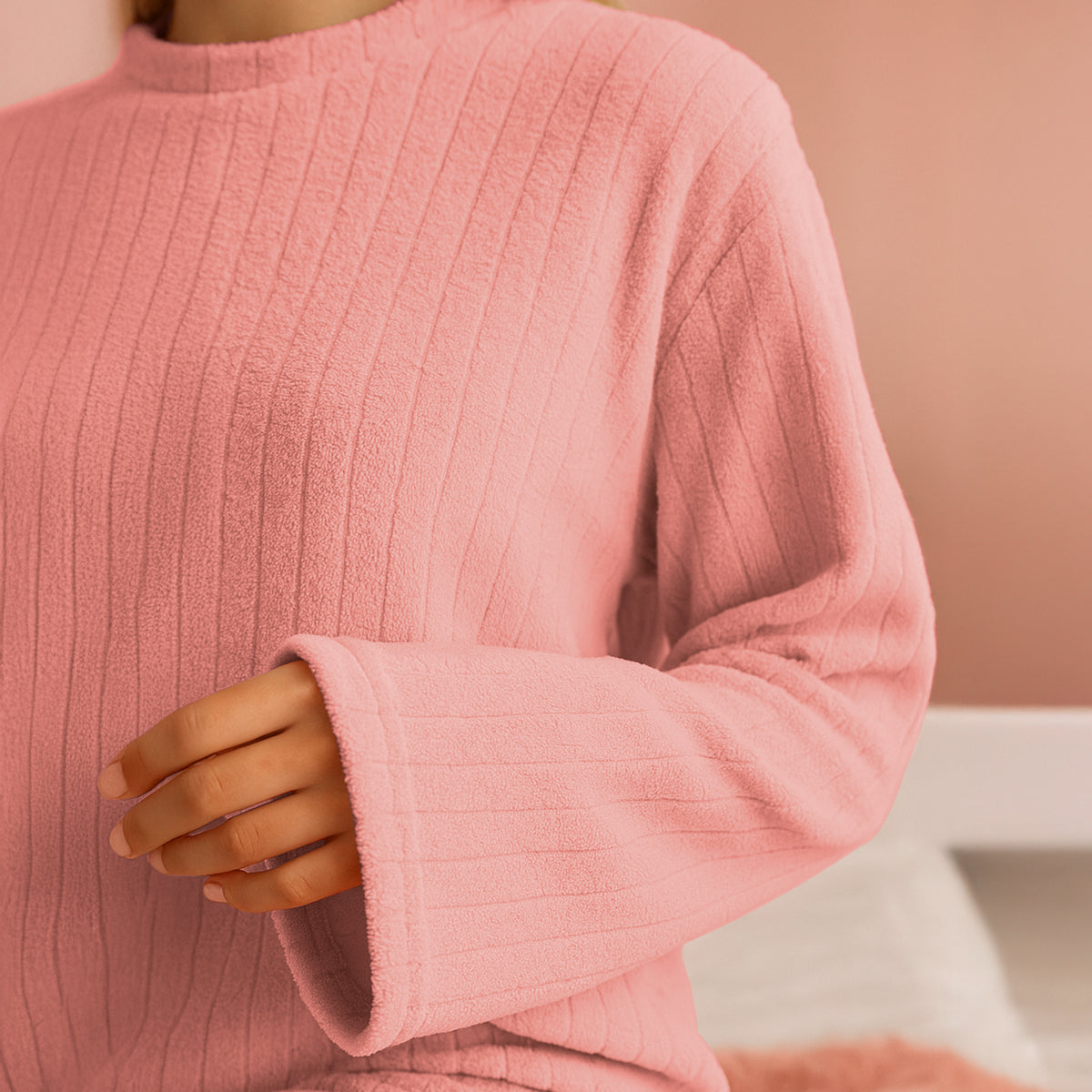 Pijama Polar Mujer Acanalada 2 Piezas · Manga Larga y Pantalón · Unitalla color Rosa Fuerte