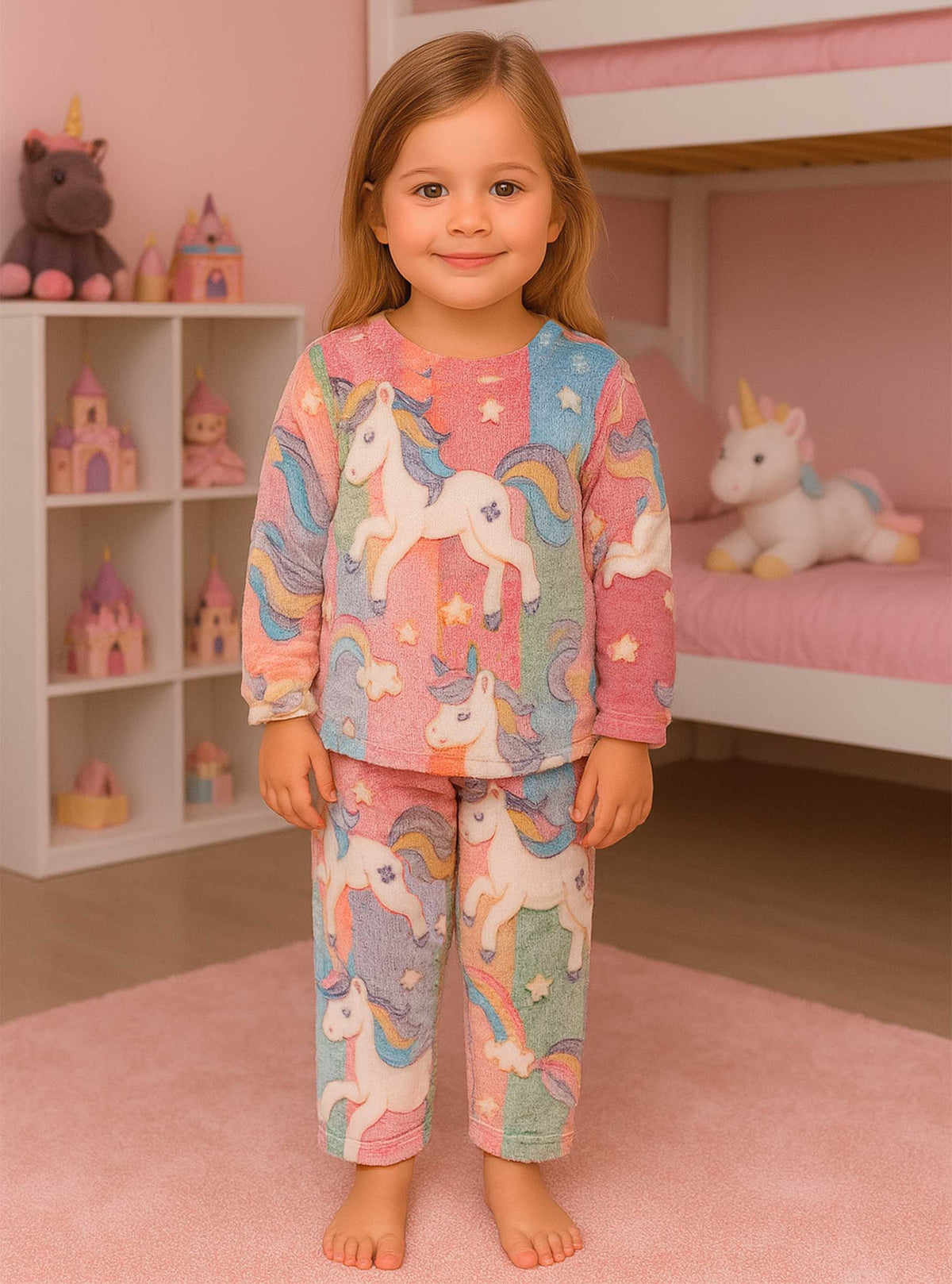 Pijama Afelpada Niña Polar de 2 Piezas · Brilla en la Oscuridad · Tallas 4 a 10 · Diseño Unicornios Pastel