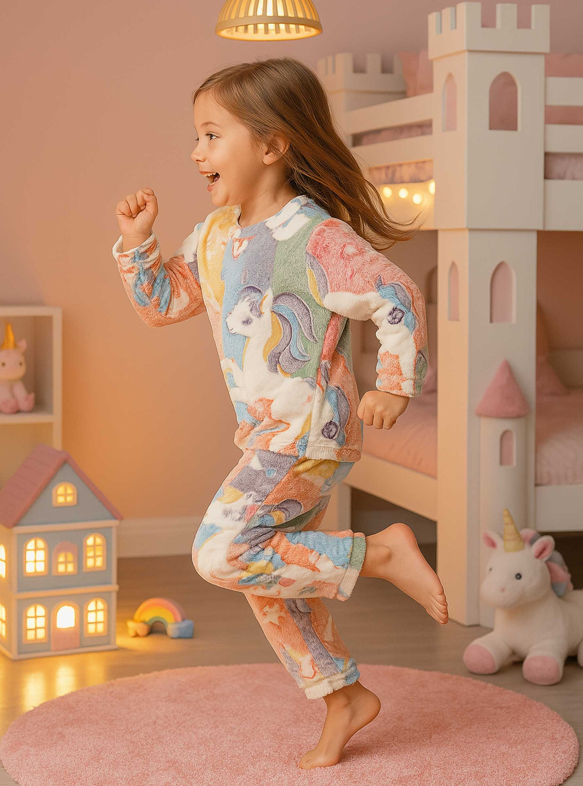 Pijama Afelpada Niña Polar de 2 Piezas · Brilla en la Oscuridad · Tallas 4 a 10 · Diseño Unicornios Pastel