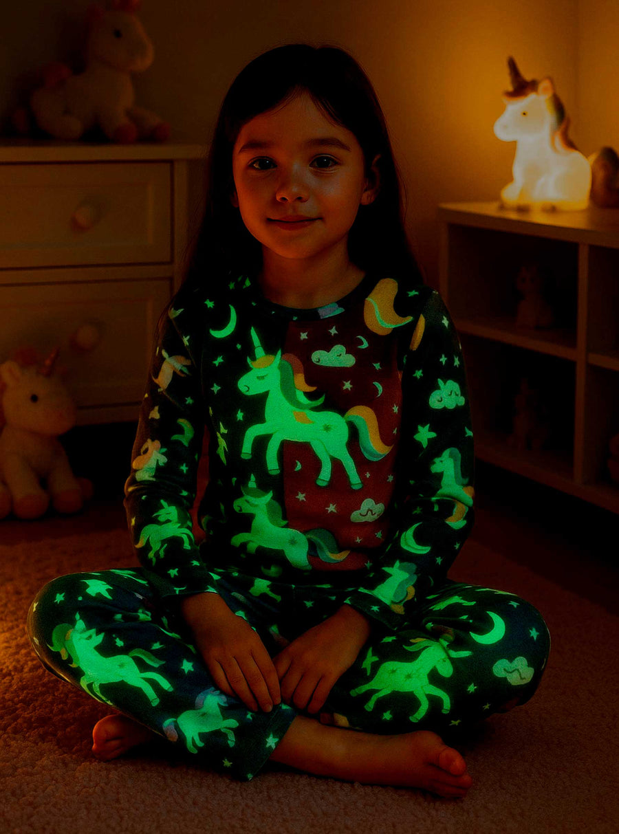 Pijama Afelpada Niña Polar de 2 Piezas · Brilla en la Oscuridad · Tallas 4 a 10 · Diseño Unicornios Pastel