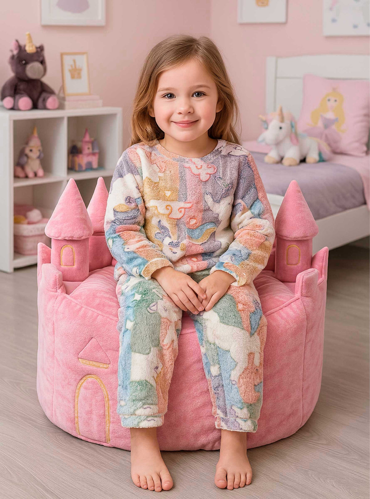 Pijama Afelpada Niña Polar de 2 Piezas · Brilla en la Oscuridad · Tallas 4 a 10 · Diseño Unicornios Pastel