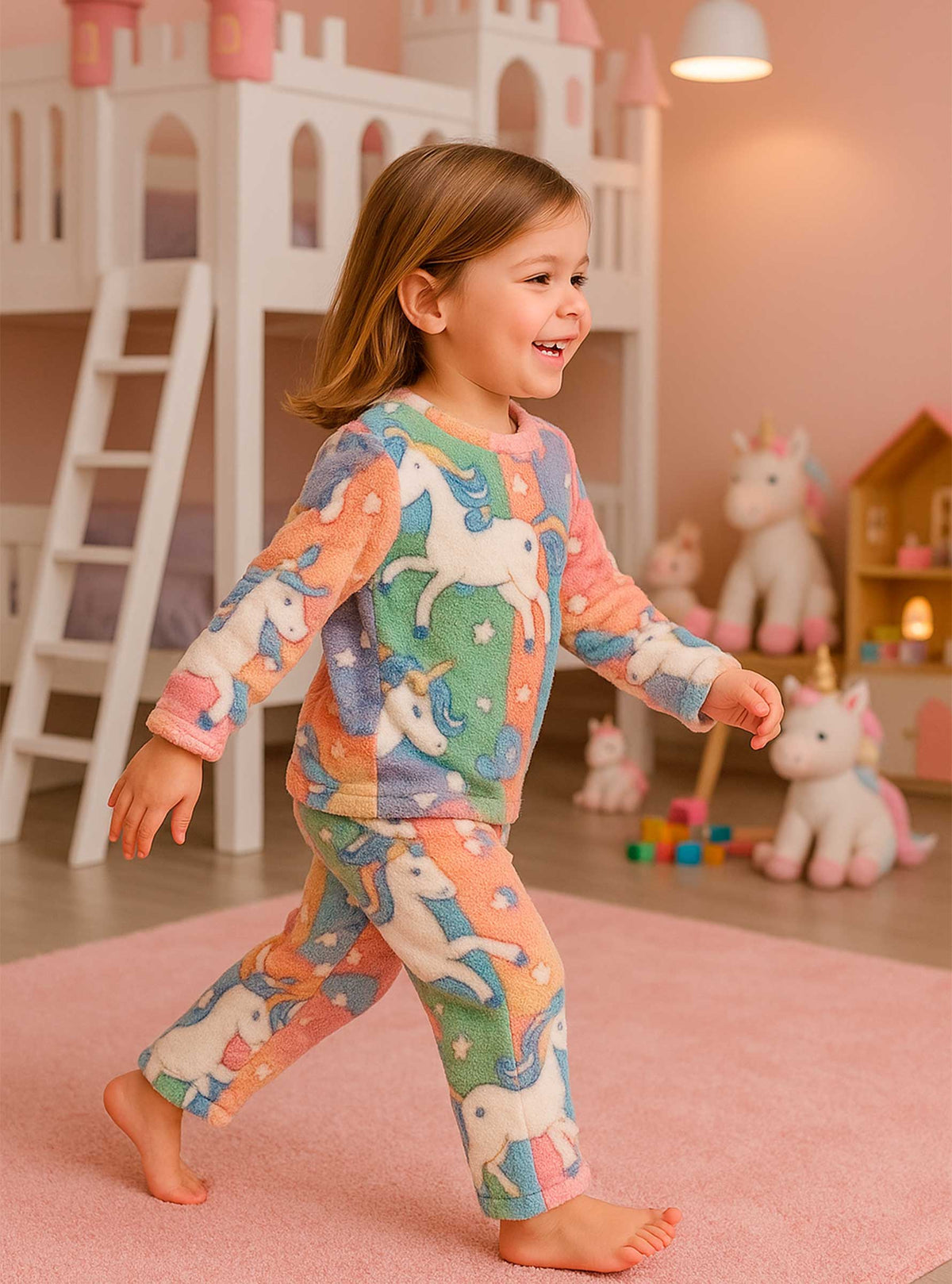 Pijama Afelpada Niña Polar de 2 Piezas · Brilla en la Oscuridad · Tallas 4 a 10 · Diseño Unicornios Pastel