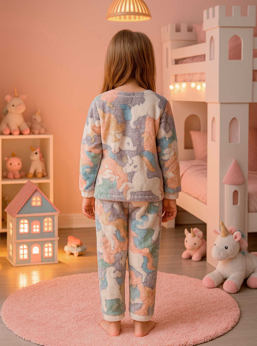 Pijama Afelpada Niña Polar de 2 Piezas · Brilla en la Oscuridad · Tallas 4 a 10 · Diseño Unicornios Pastel